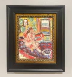 A Vibrant, Abstract Modern Studio Interior Scene, Seated Female Nude with Cat
