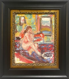 A Vibrant, Abstract Modern Studio Interior Scene, Seated Female Nude with Cat