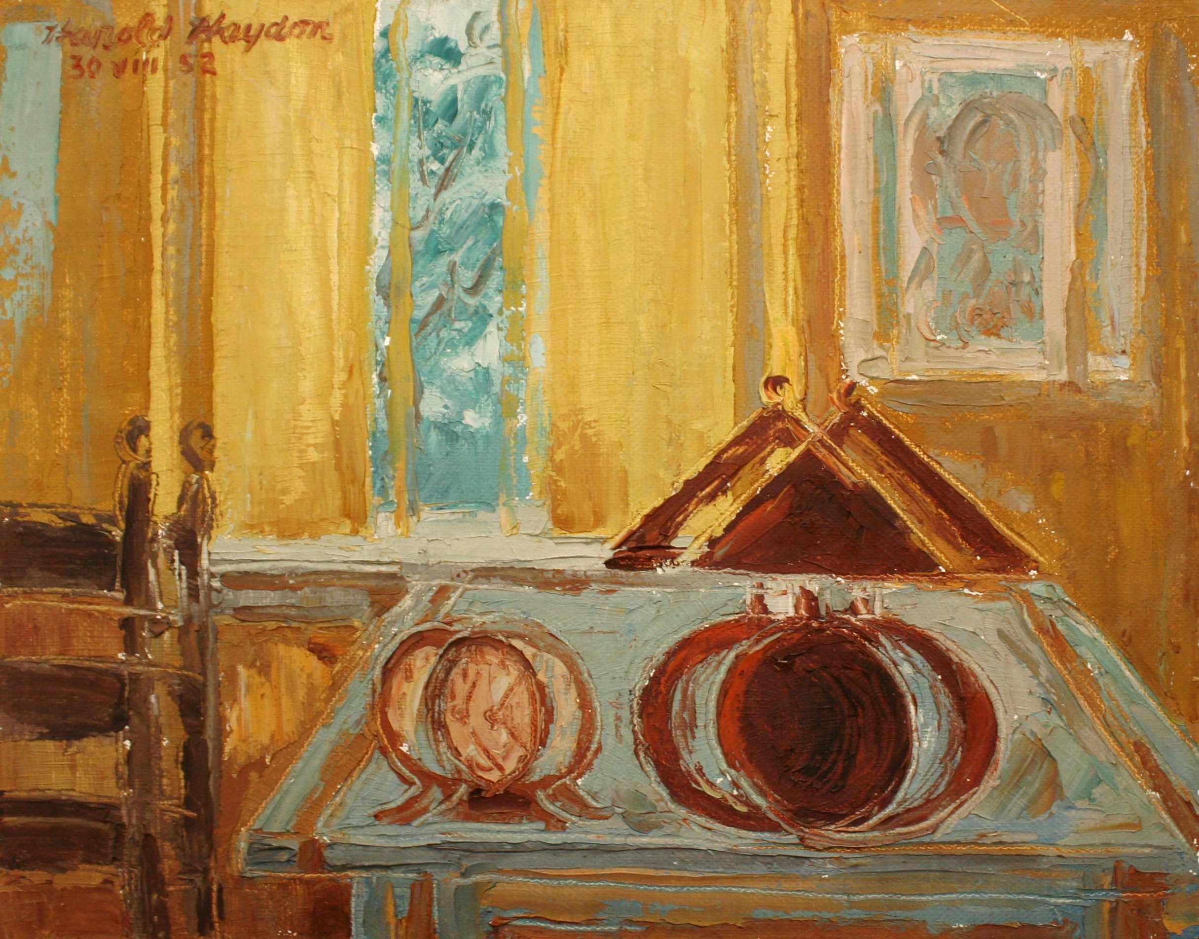 Ein abstraktes, surrealistisches 1950er-Jahre-Mitte-Jahrhundert-Moderne-Interieur-Stillleben-Gemälde im Angebot 6