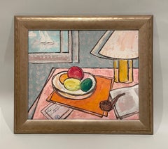 Ein abstraktes, surrealistisches 1950er-Jahre-Mitte-Jahrhundert-Moderne-Interieur-Stillleben-Gemälde