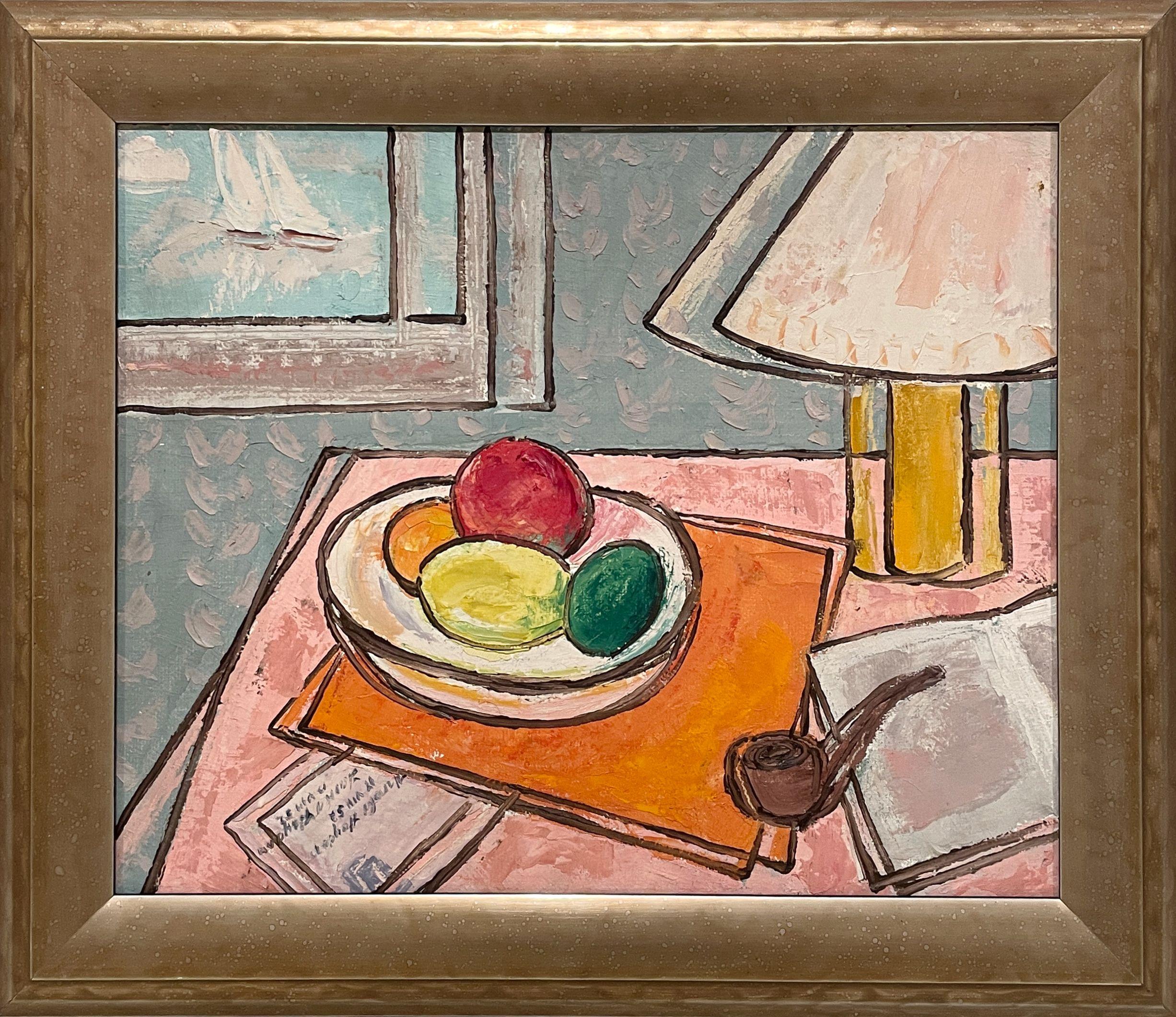 Ein abstraktes, surrealistisches 1950er-Jahre-Mitte-Jahrhundert-Moderne-Interieur-Stillleben-Gemälde (Surrealismus), Painting, von Harold Haydon
