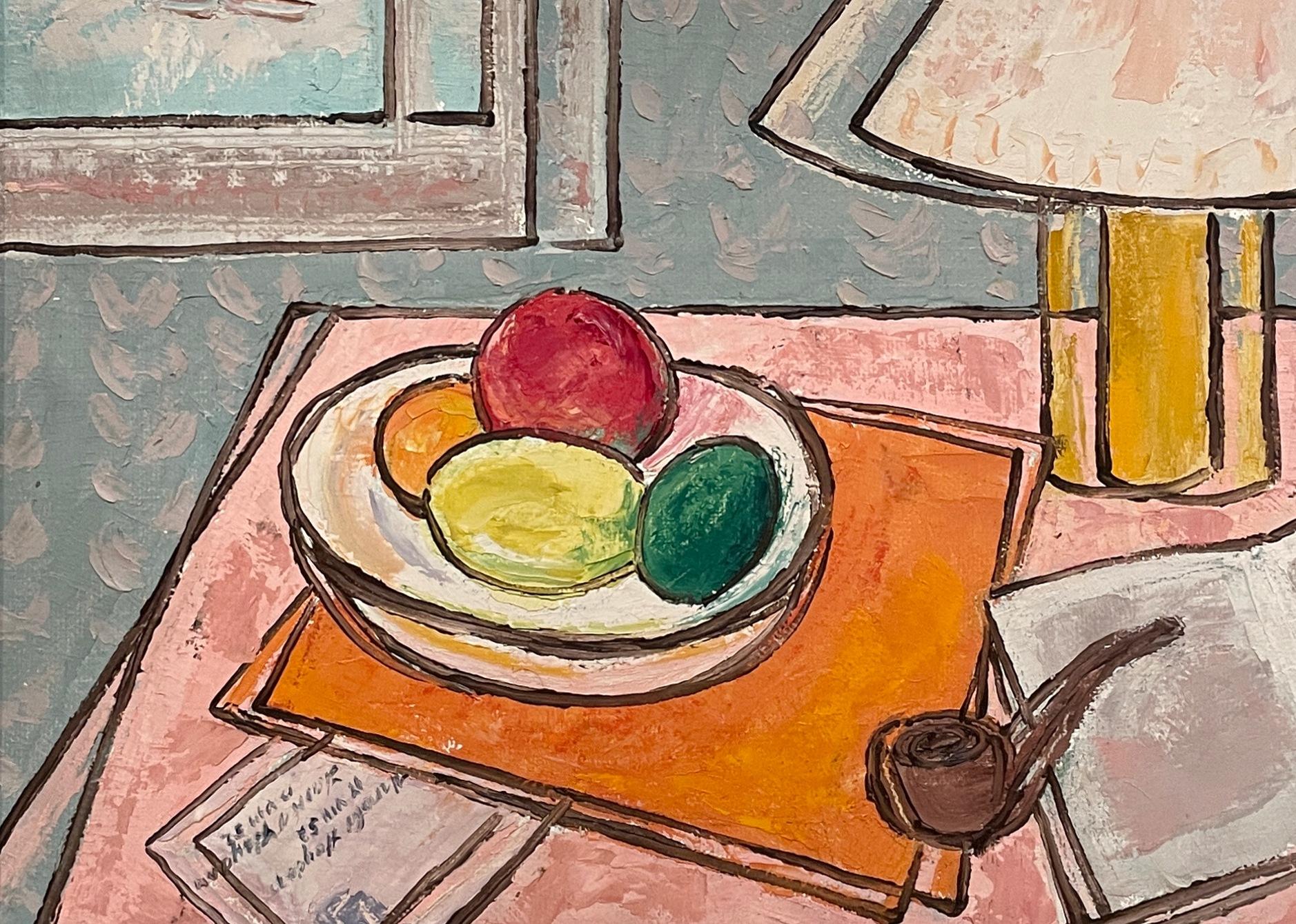 Ein abstraktes, surrealistisches 1950er-Jahre-Mitte-Jahrhundert-Moderne-Interieur-Stillleben-Gemälde (Braun), Interior Painting, von Harold Haydon