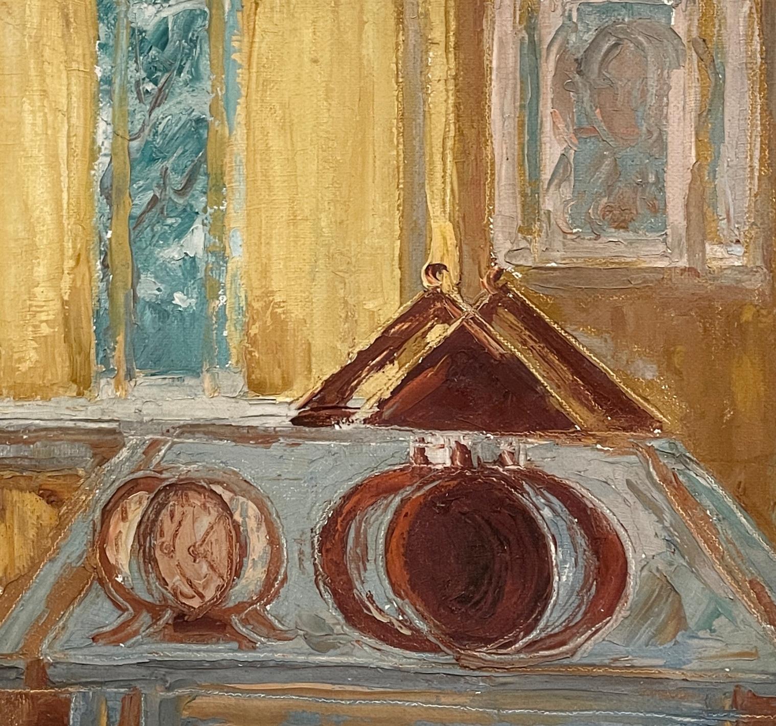 Ein abstraktes, surrealistisches 1950er-Jahre-Mitte-Jahrhundert-Moderne-Interieur-Stillleben-Gemälde (Braun), Interior Painting, von Harold Haydon