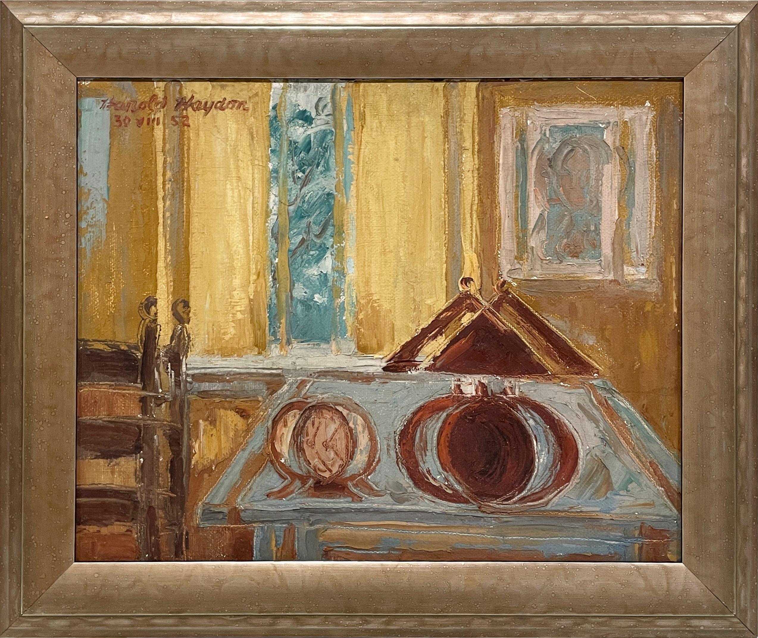 Ein visuell auffälliges, abstraktes, surrealistisches Stillleben aus der Mitte des Jahrhunderts von Harold Haydon (Am. 1909-1994), einem bekannten Chicagoer Künstler, aus den frühen 1950er Jahren.  Das Gemälde, das eine gedämpfte, tonige