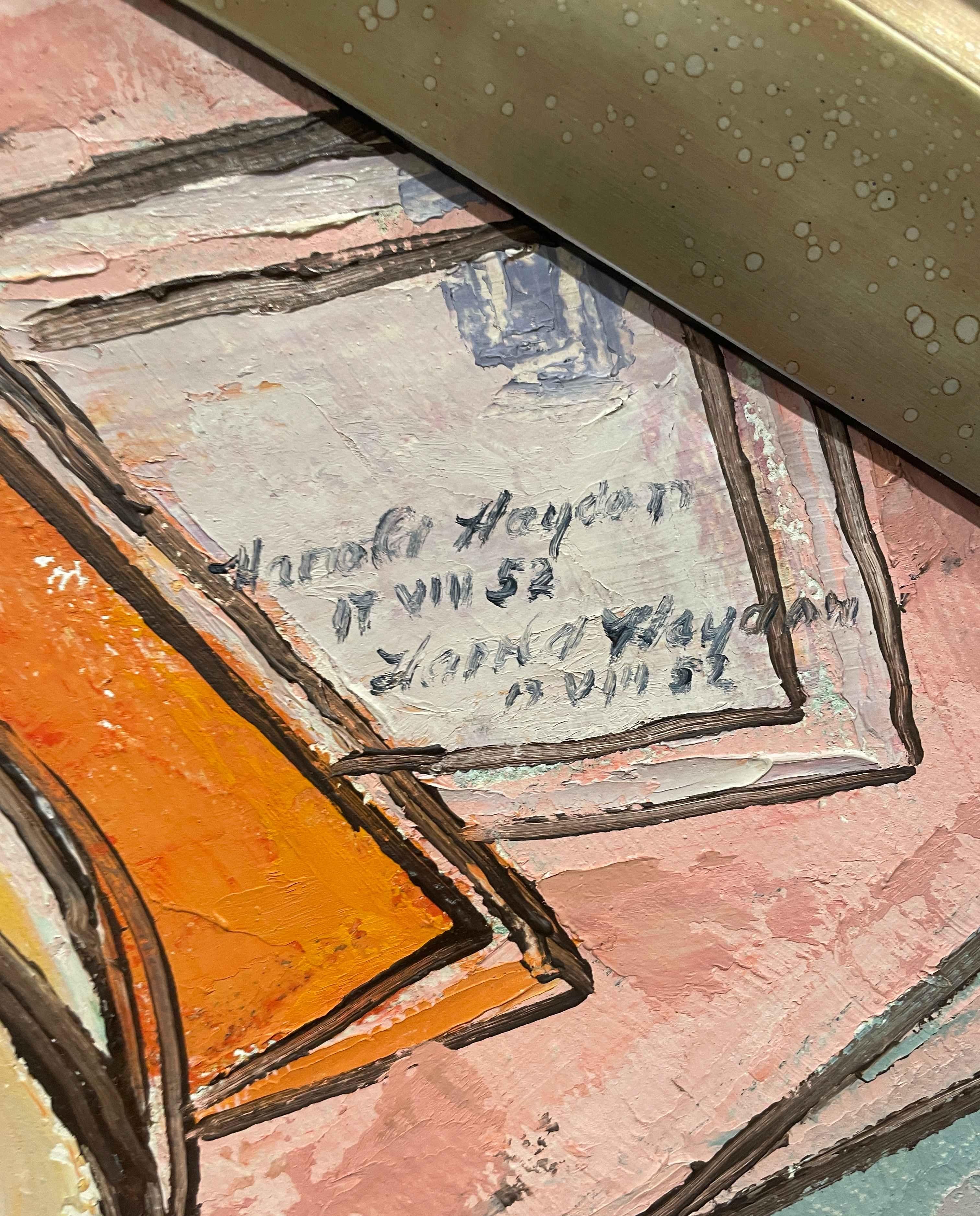 Ein abstraktes, surrealistisches 1950er-Jahre-Mitte-Jahrhundert-Moderne-Interieur-Stillleben-Gemälde im Angebot 3