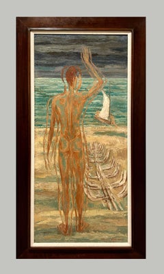 Un intrigante óleo moderno de mediados de siglo de 1950, desnudo masculino de pie, "Partida"