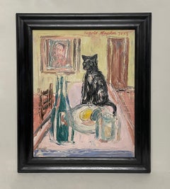 A Surrealist 1950s Mid-Century Modern Still Life Painting, Black Cat on a Table