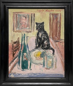 A Surrealist 1950s Mid-Century Modern Still Life Painting, Black Cat on a Table