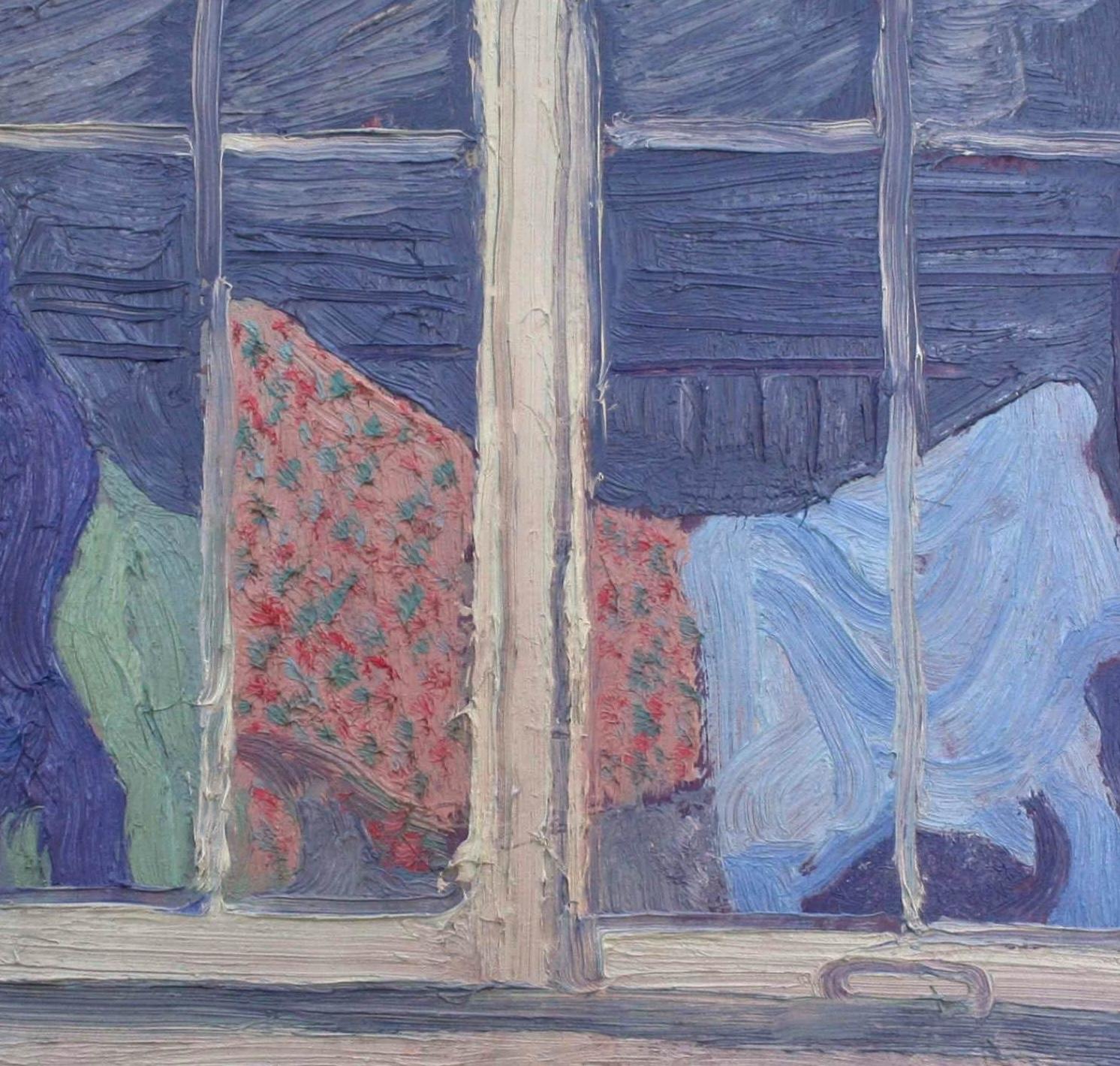Charming 1930s Painting- Laundry Hanging in a Lake House Window by Harold Haydon For Sale 3