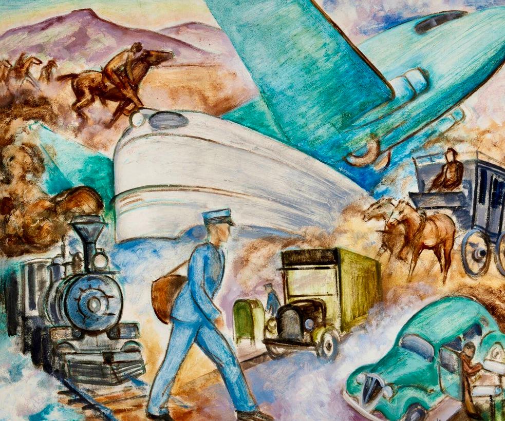 Harold Haydon Figurative Painting – „History of US Postal Service“ Amerikanische Szene Sozialrealismus WPA Modern Chicago