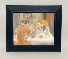 "Nude Breakfast", A Fantastic Surrealist Mid-Century Modern Oil: Couple at Table
