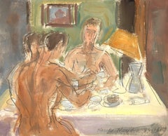 "Nude Breakfast", A Fantastic Surrealist Mid-Century Modern Oil: Couple at Table