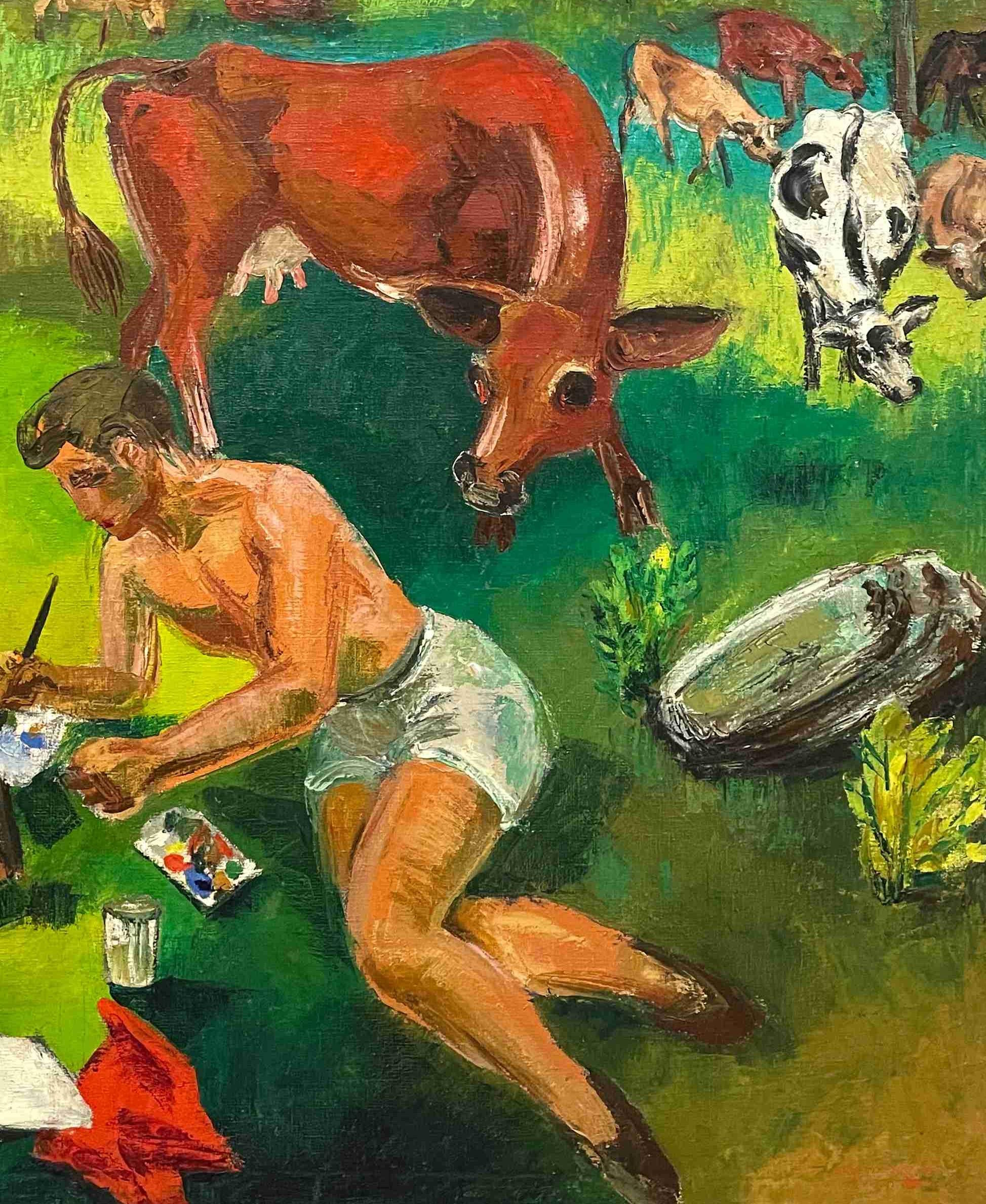 Stravagante dipinto del 1941 dell'artista Harold Haydon che dipinge mucche nel cortile di una fattoria in vendita 1