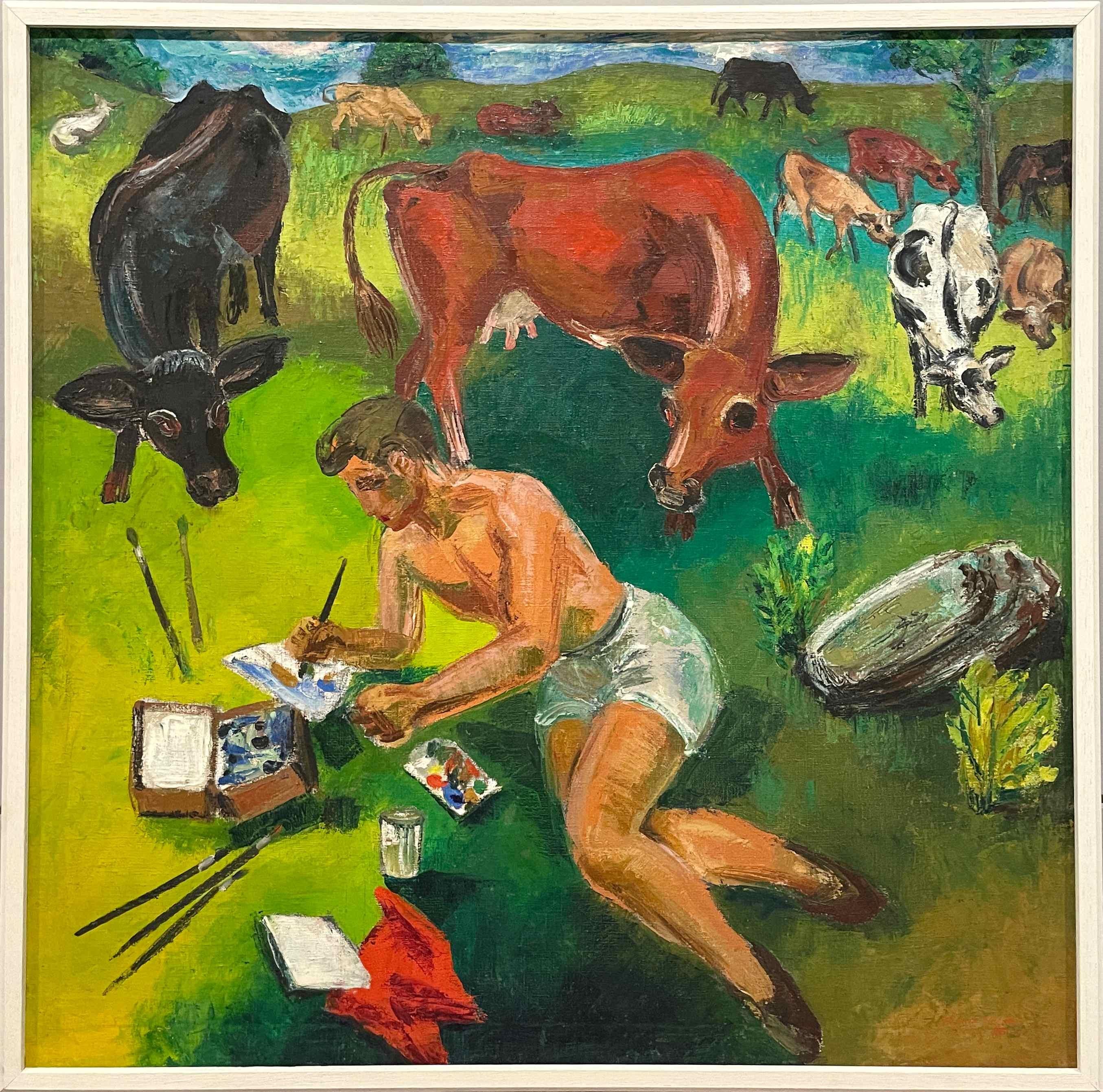 Untitled (Artist with Cows) - Painting by Harold Haydon