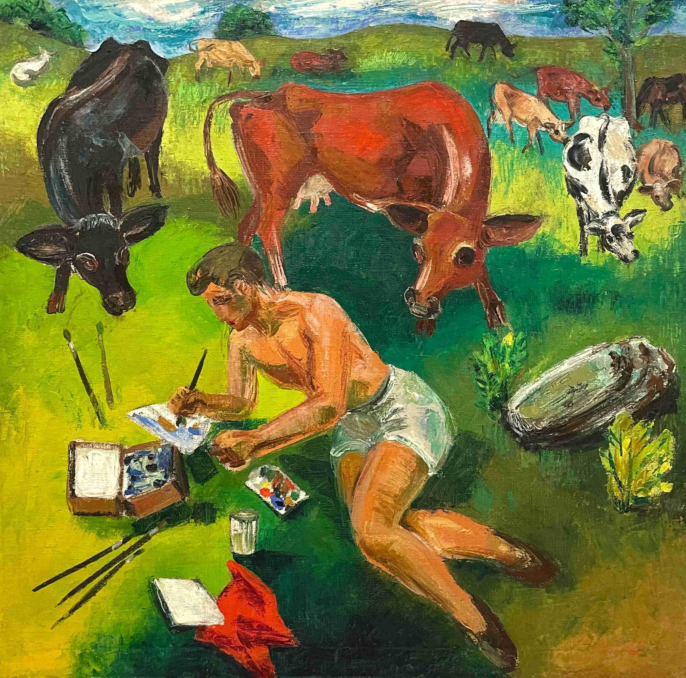 Harold Haydon Figurative Painting - Untitled (Artist with Cows)