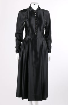 HAROLD IMPORTERS c.1930’s Black Satin Crystal Pearl Button Up Box Pleated Dress