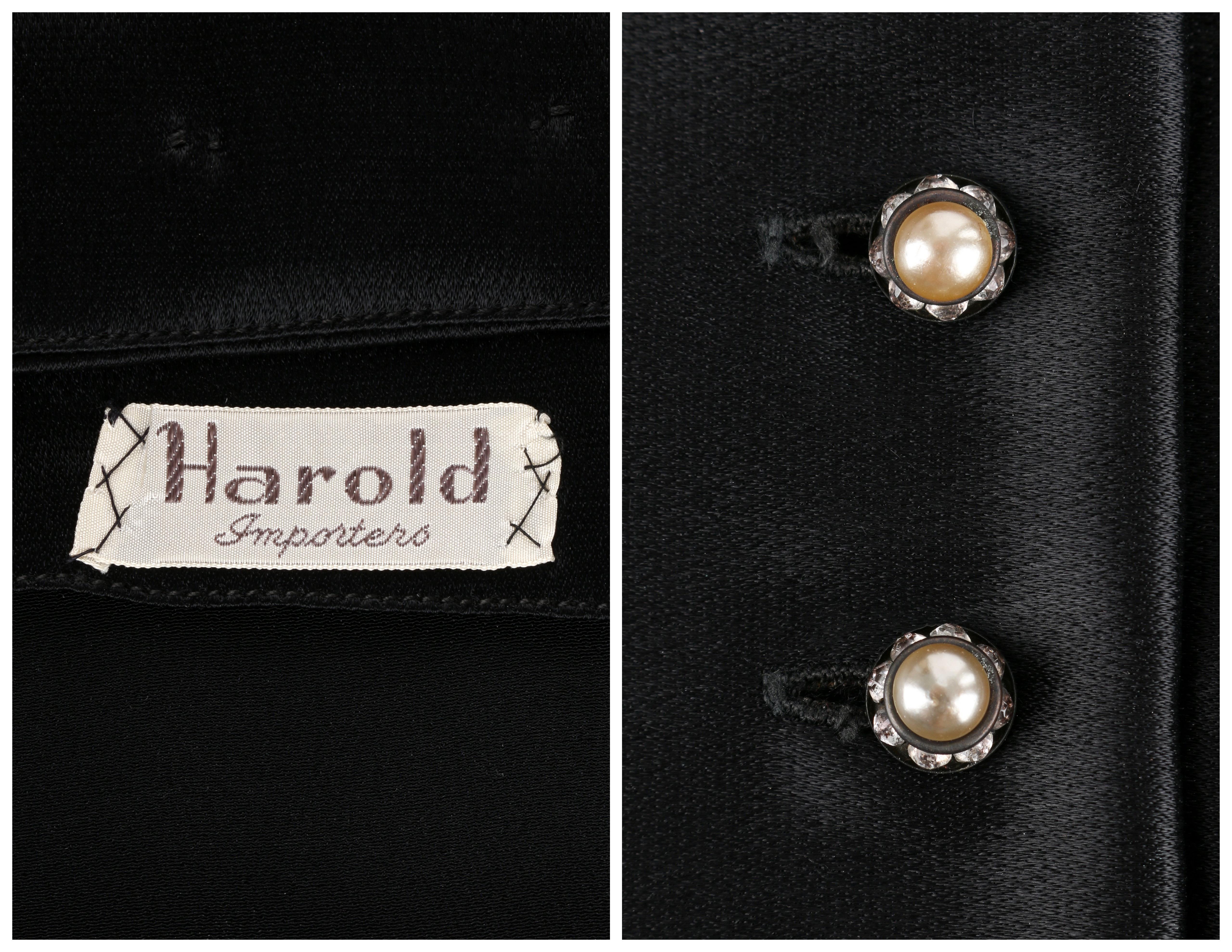 HAROLD IMPORTERS c.1930’s Black Satin Crystal Pearl Button Up Box Pleated Dress In Good Condition For Sale In Thiensville, WI