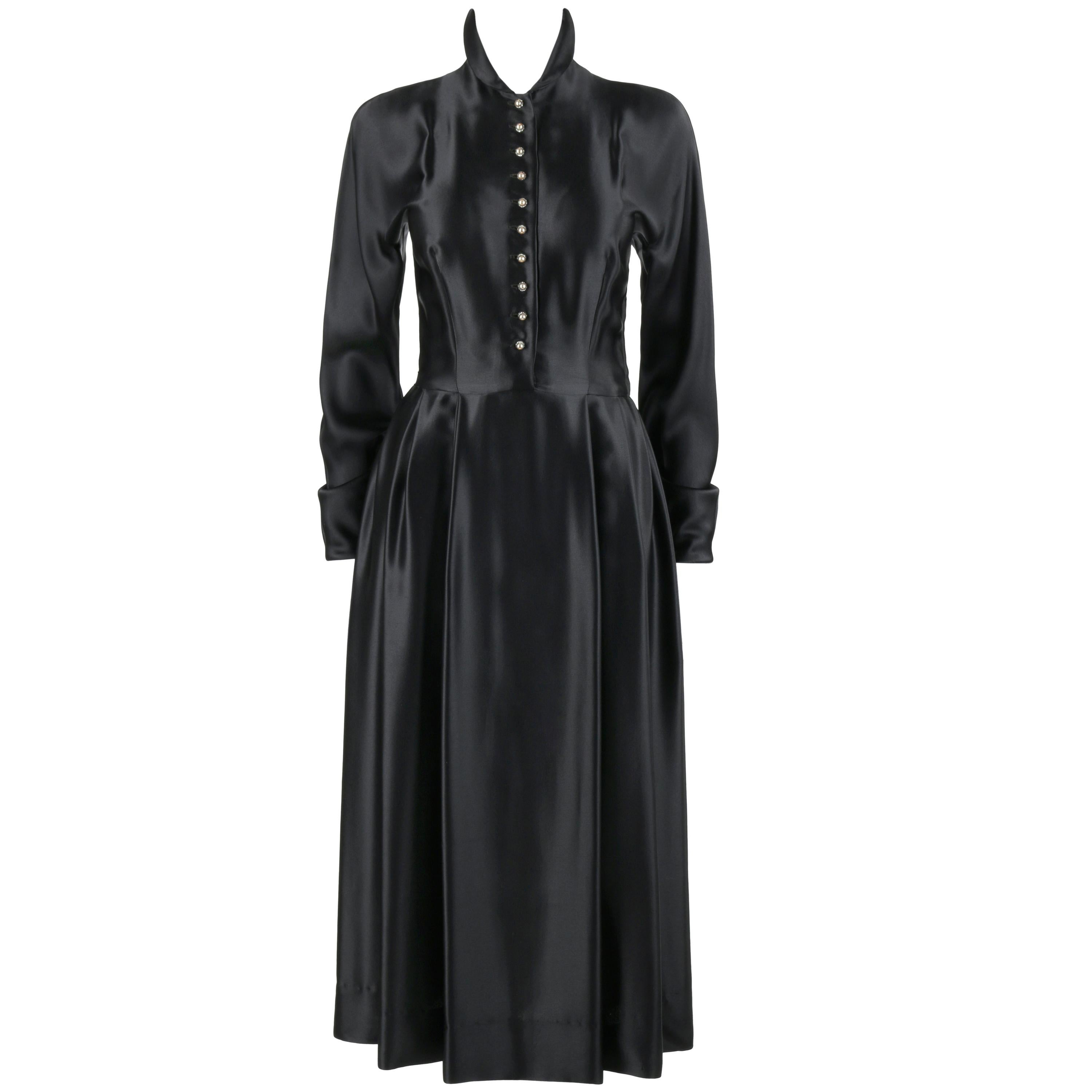 HAROLD IMPORTERS c.1930’s Black Satin Crystal Pearl Button Up Box Pleated Dress For Sale