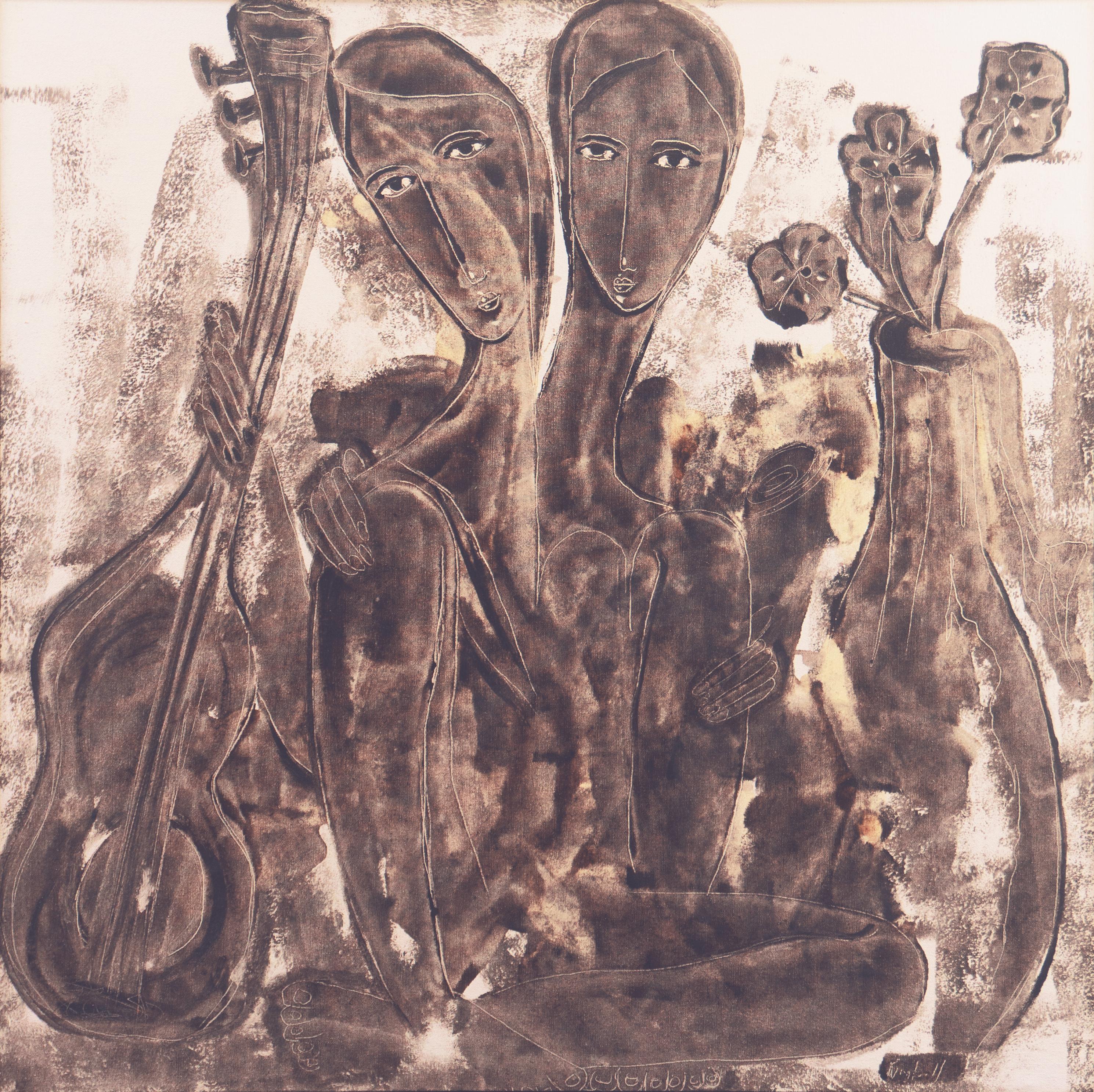 'Two Women with a Guitar', Large Tonalist Figural Oil, New Orleans, New York - Painting by Harold Kimball