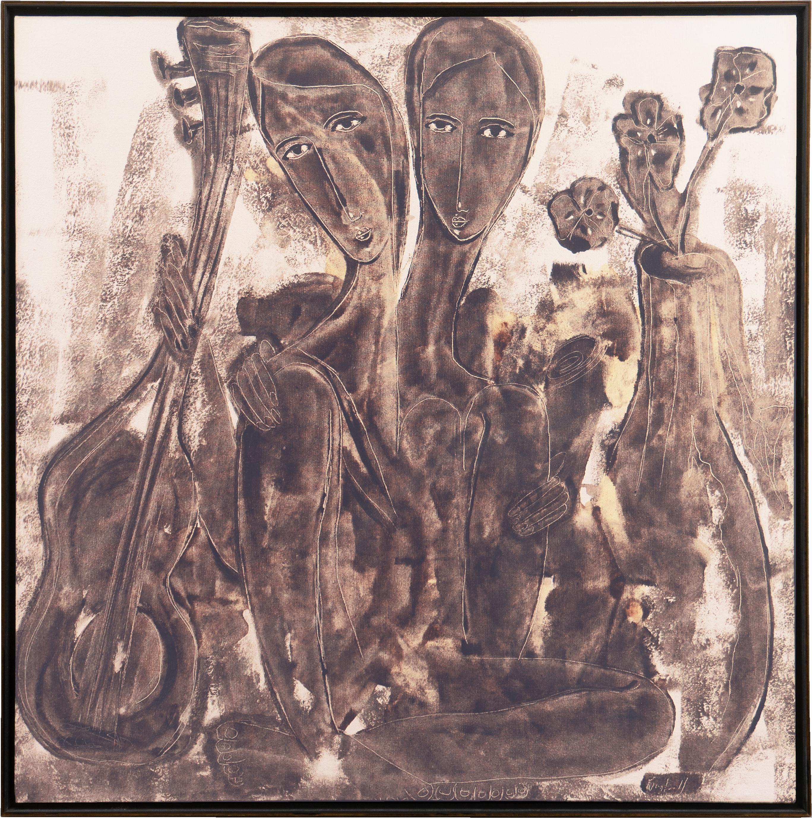 Dos mujeres con una guitarra", óleo figurativo tonalista de gran tamaño, Nueva Orleans, Nueva York