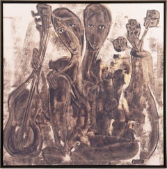 Dos mujeres con una guitarra", óleo figurativo tonalista de gran tamaño, Nueva Orleans, Nueva York