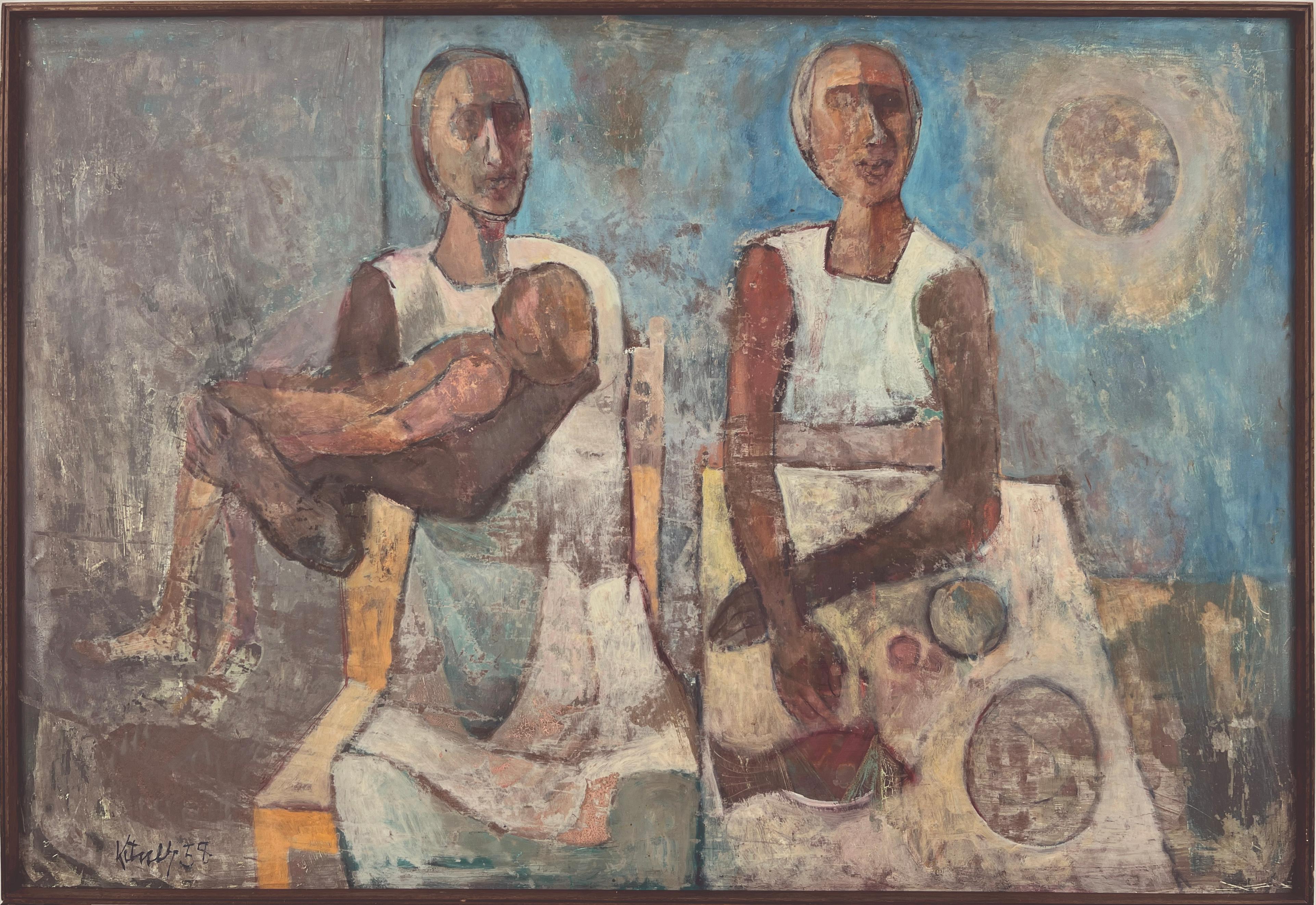 Ausdrucksstarkes figürliches Gemälde aus der Mitte des Jahrhunderts mit zwei Frauen und einem Kind in Pastelltönen von Harold Kitner (Amerikaner, 1921 - 2004). 
Bild, 33 "H x 48 "B
Gestell aus Nussbaumholz, 34 "H x 49 "B x 2 "T
Harold Kitner wurde