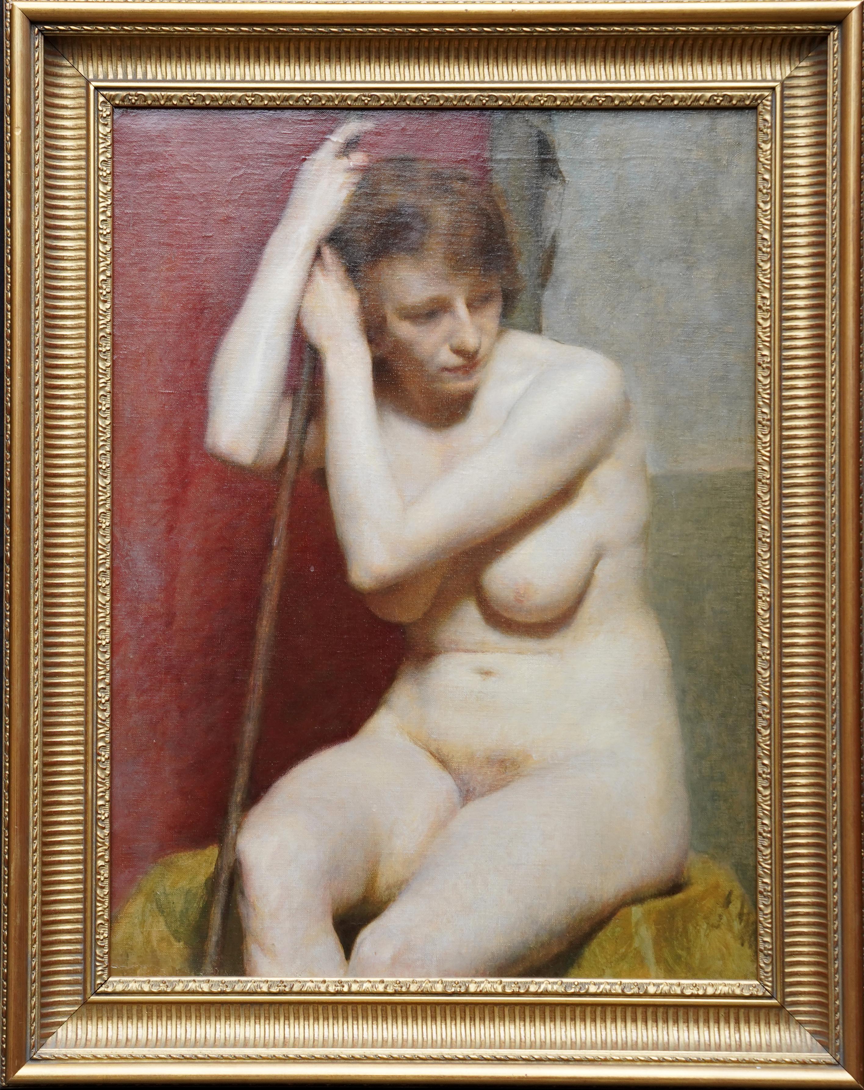 Seated Female Nude Portrait -  British 1930's portrait oil painting Empire frame For Sale 6