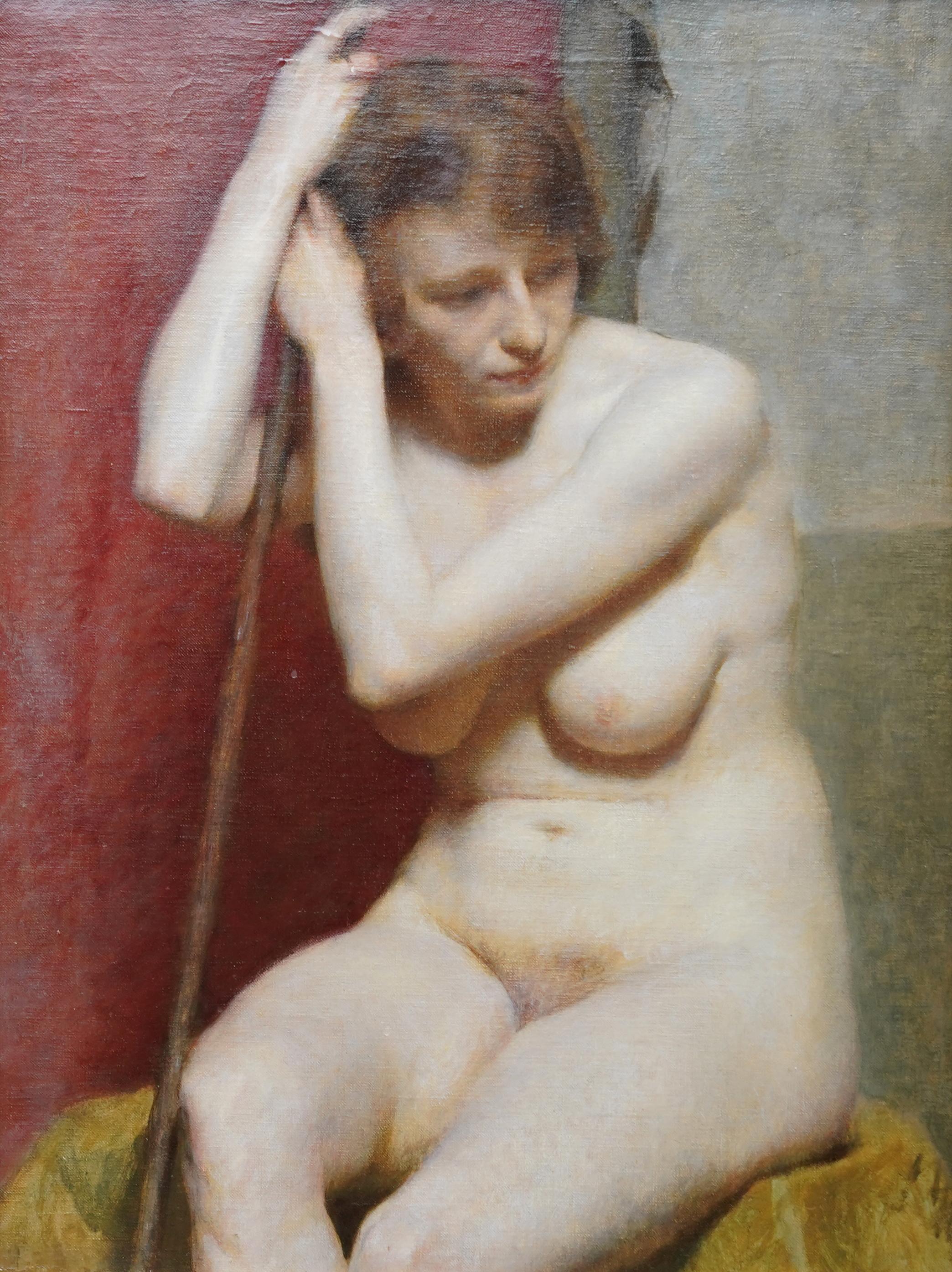 Seated Female Nude Portrait -  British 1930's portrait oil painting Empire frame - Painting by Harold Knight