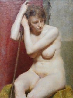 Seated Female Nude Portrait -  British 1930's portrait oil painting Empire frame
