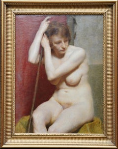 Seated Female Nude Portrait -  British 1930's portrait oil painting Empire frame