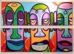 Street Art Contemporary Diptych Aerosol on Canvas. "The Three Pastoral Singers".