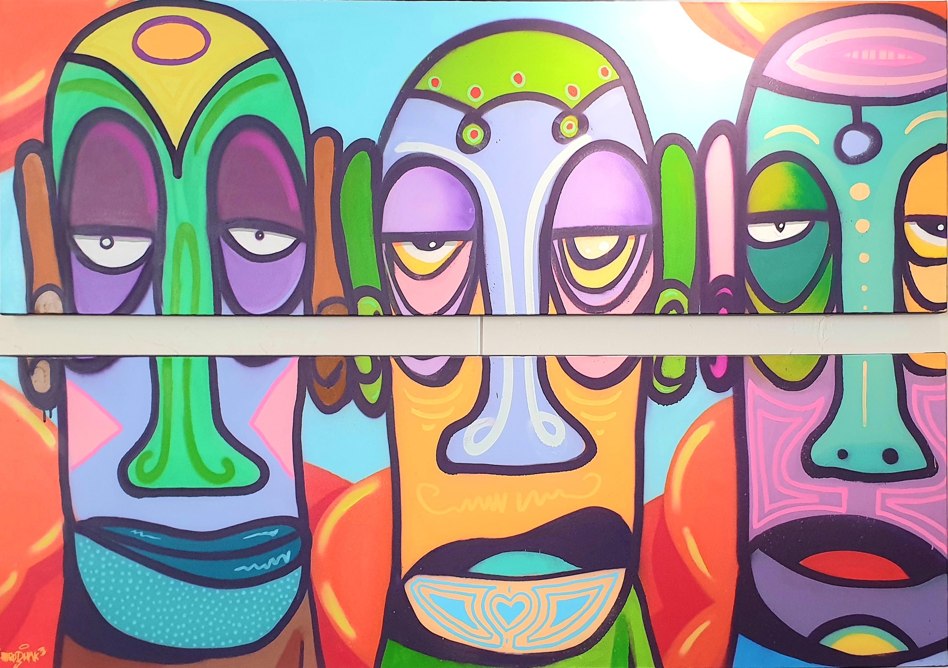 Díptico Contemporáneo de Arte Callejero Aerosol sobre Lienzo. "Los tres cantores pastorales".