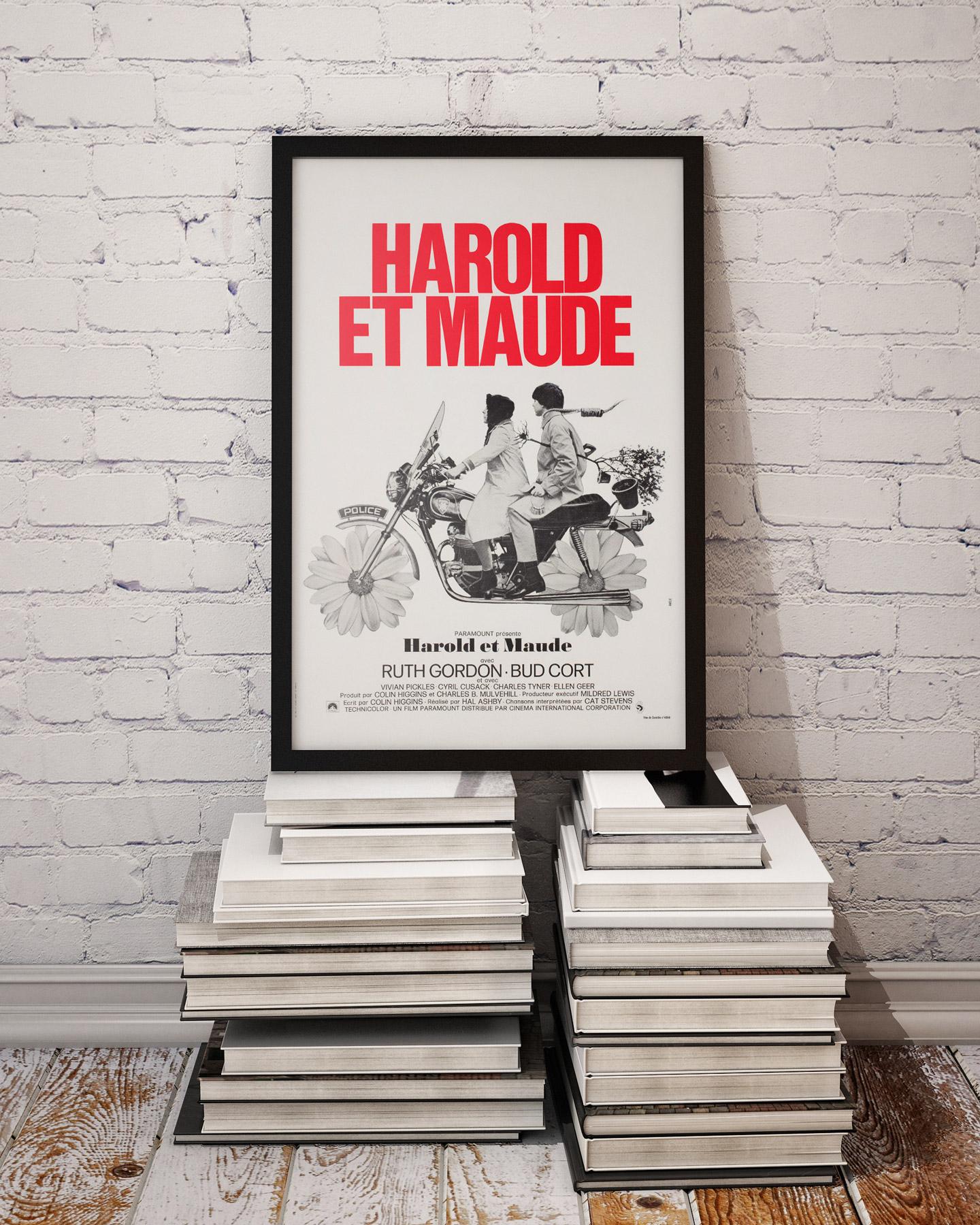 Wonderful original French film poster for 1970s quirky romcom Classic Harold & Maude. Young, rich, and obsessed with death, Harold finds himself changed forever when he meets Maude at a funeral.

This cute French poster features great artwork for