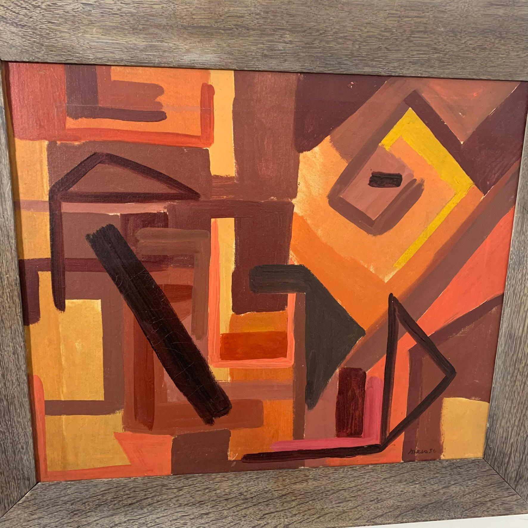 An abstract oil on canvas in cerused oak frame by the noted Philadelphia artist Harold Mesibov, dated 1956.

Biography via Askart, supplied by The Boston Art Club:
