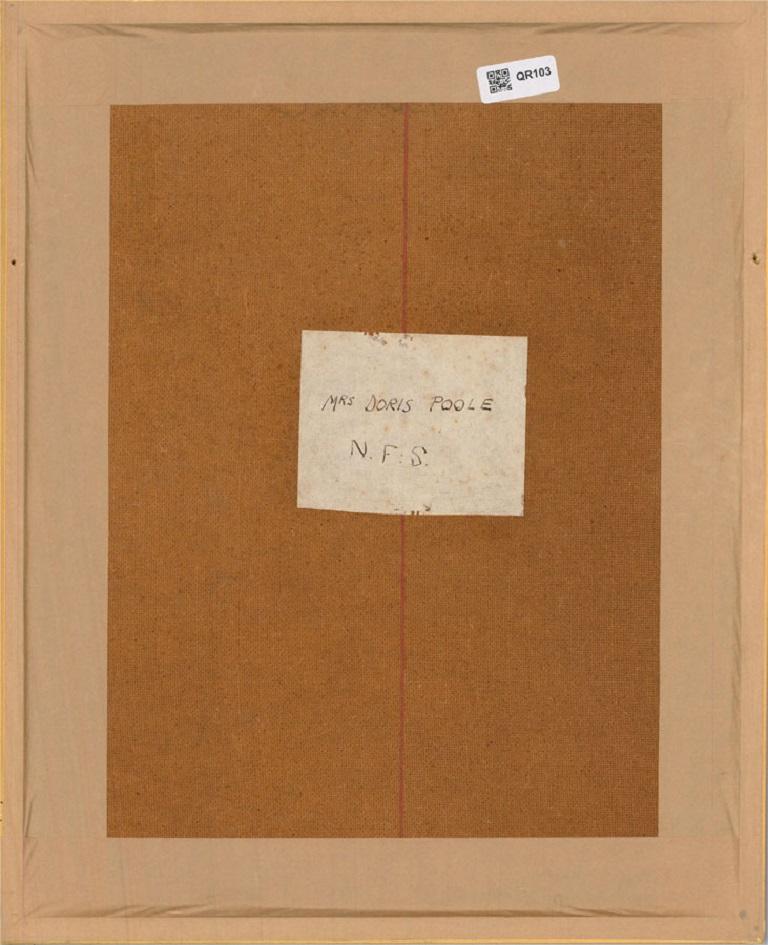 A portrait of a smiling woman in a pink shirt. Presented in a gilt-effect wooden frame. Signed to the lower-left edge. Label to the verso which includes the name of the sitter. On board.
