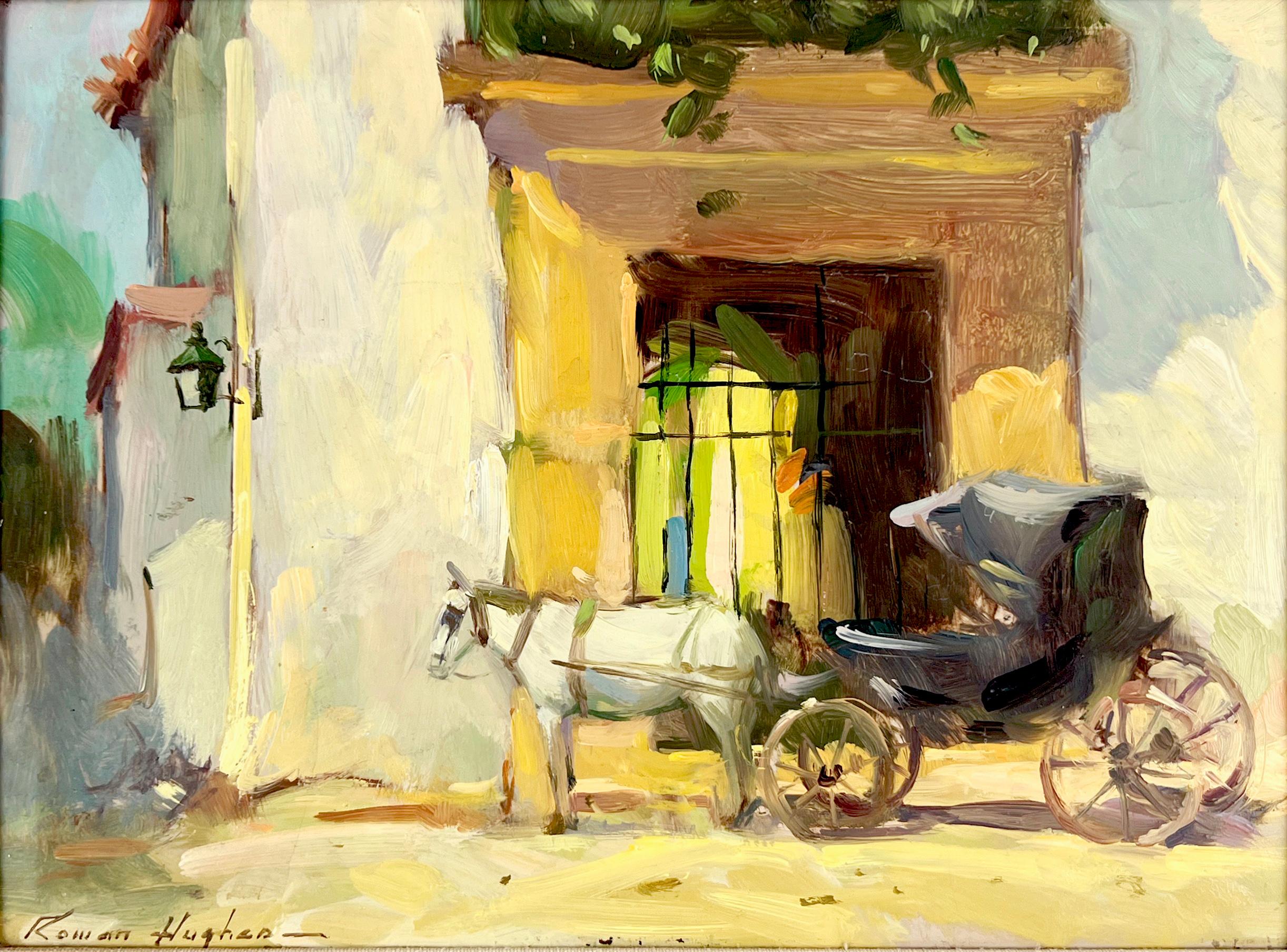 Carrozza presso il negozio di abbigliamento dell'Old Mexico Village pittura ad olio - Painting di Harold Rowan Hughes