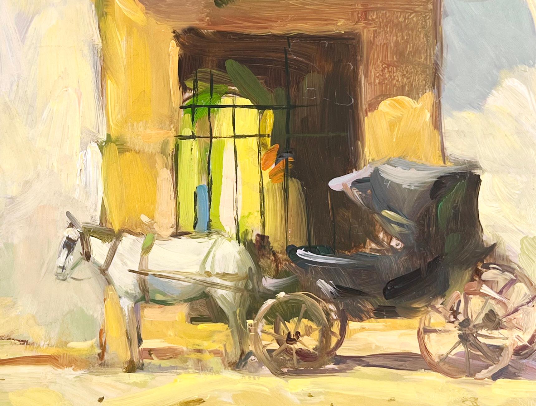 Carrozza presso il negozio di abbigliamento dell'Old Mexico Village pittura ad olio - Painting Impressionismo americano di Harold Rowan Hughes