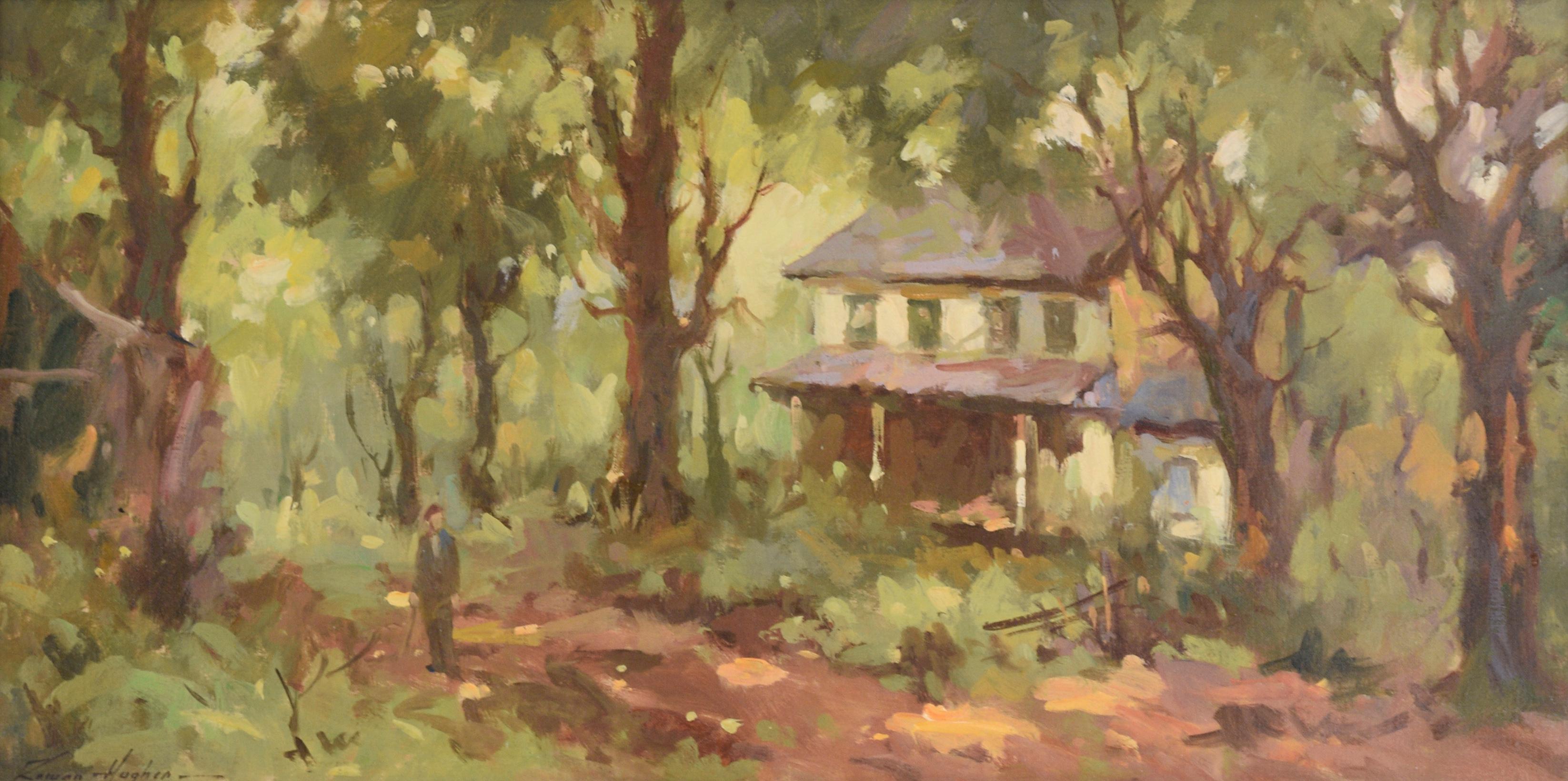 Harold Rowan Hughes Figurative Painting - House in the Woods, Mid Century Horizontal Figural Landscape with Trees 