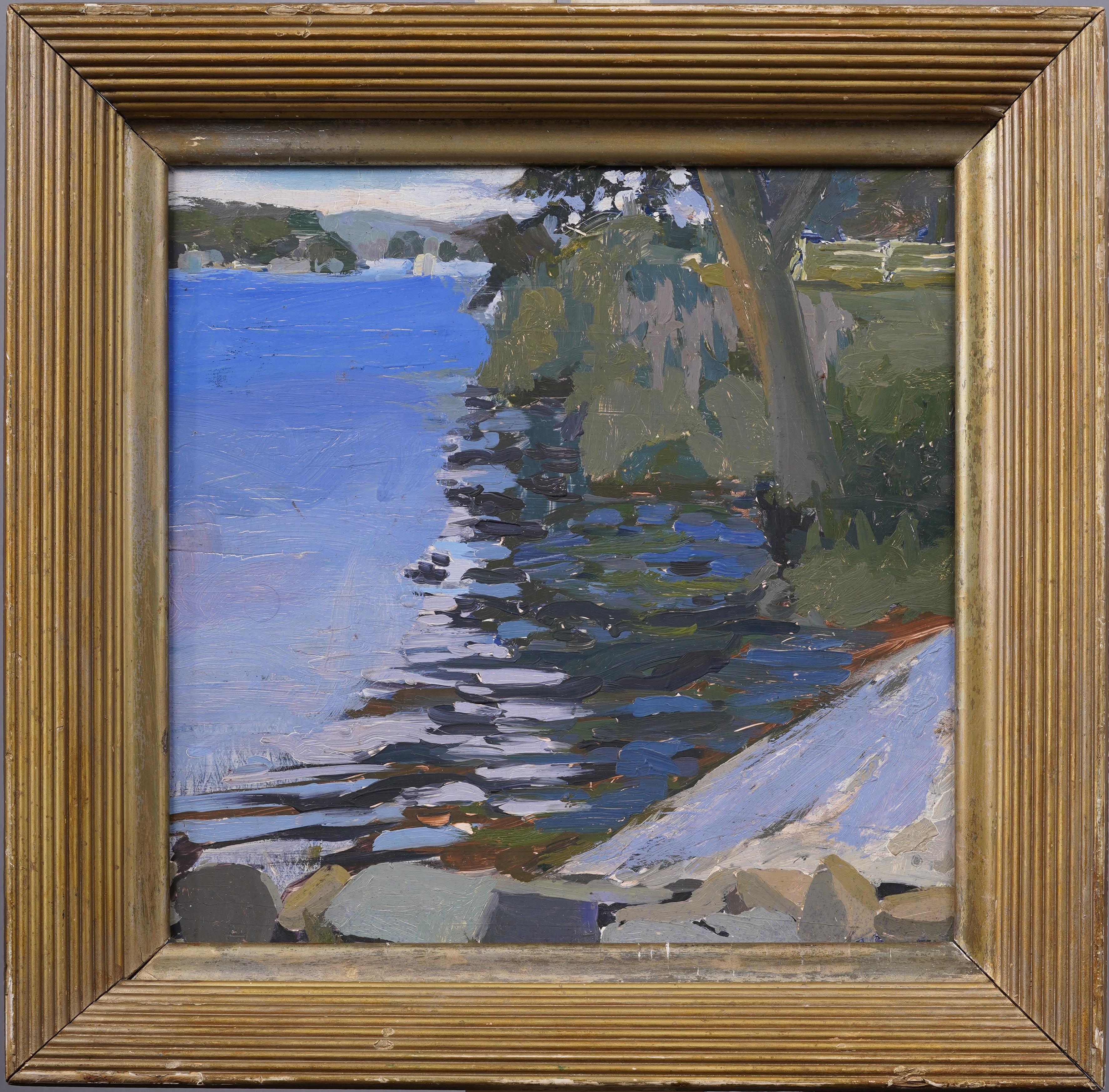 Pittura ad olio con cornice Modernista Americano New England Coastal Lake Landscape - Painting di Harold Saxton Burr 