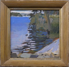 Nicely Framed American Modernist New England Coastal Lake Landscape Oil Painting