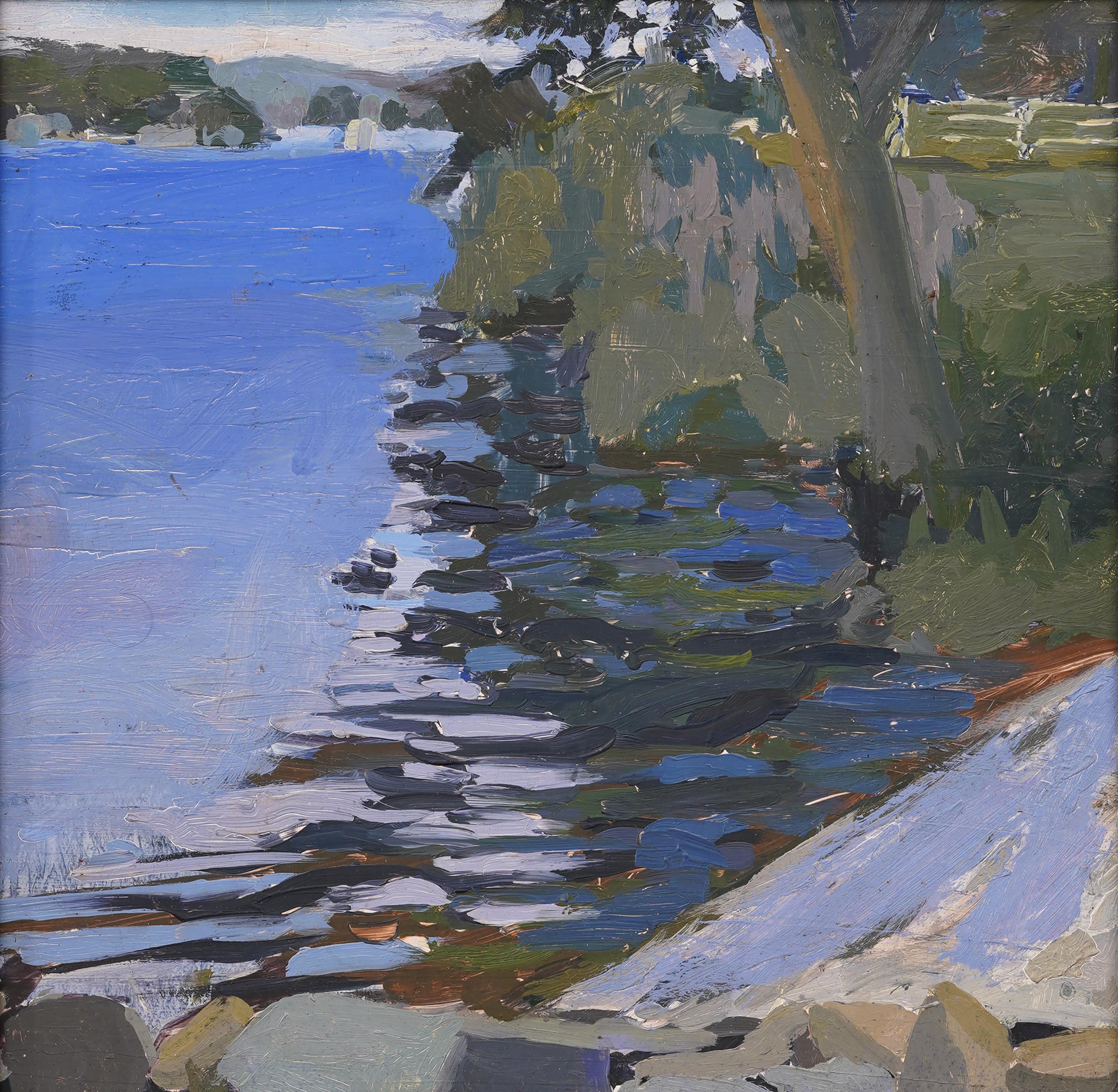 Pittura ad olio con cornice Modernista Americano New England Coastal Lake Landscape - Painting Astratto di Harold Saxton Burr 