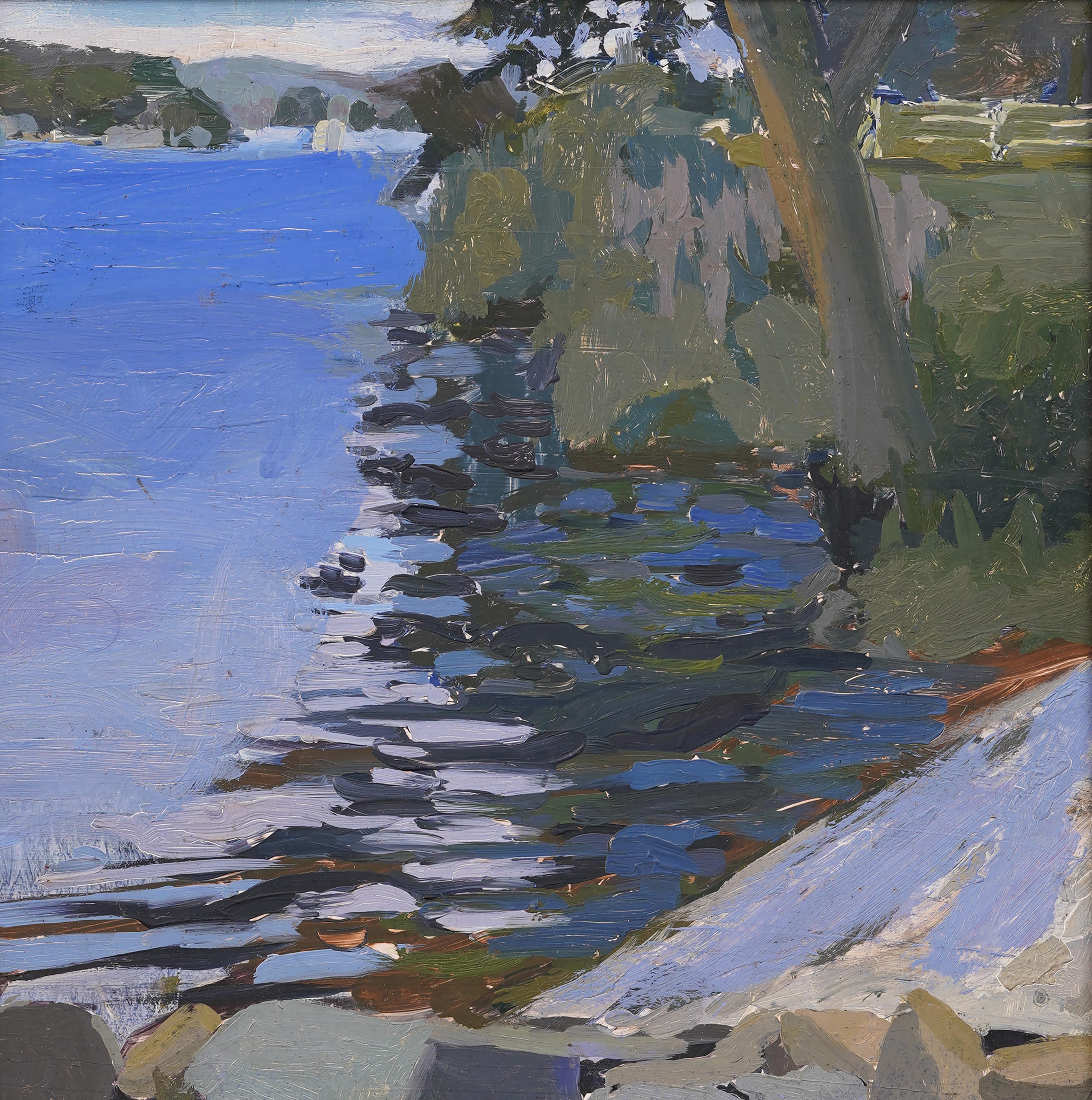 Pittura ad olio con cornice Modernista Americano New England Coastal Lake Landscape - Abstract Painting Grigio di Harold Saxton Burr 