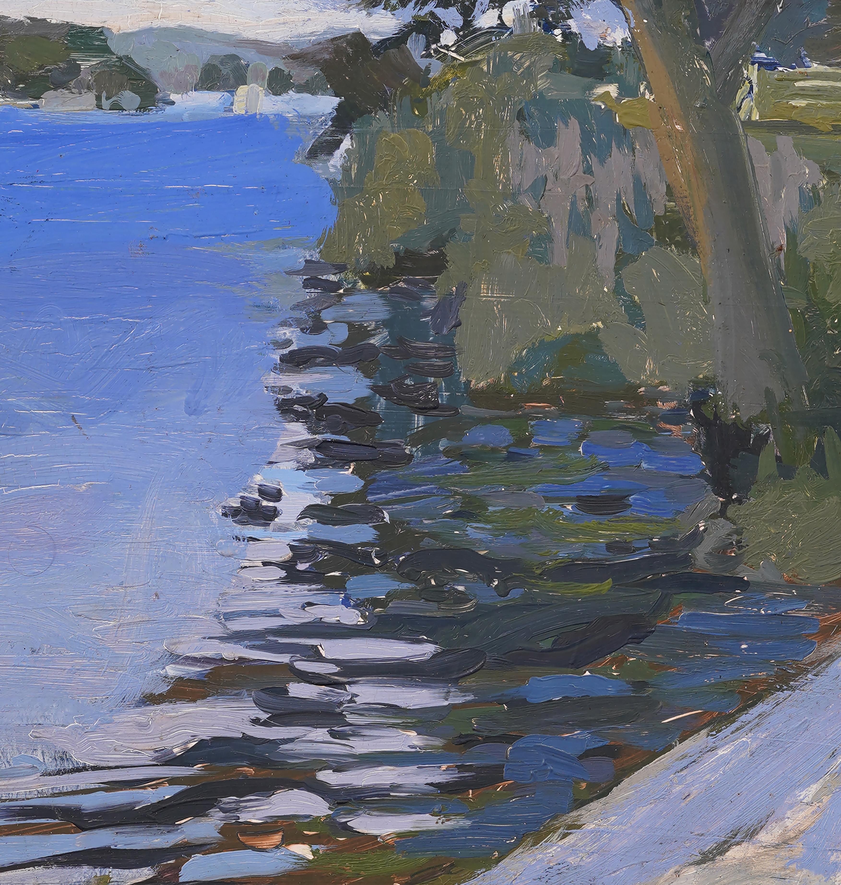 Impressionante dipinto a olio di Harold Saxton Burr (1889-1973), un paesaggio modernista degli inizi.  Incorniciato.  Olio su tavola.  Firmato sul retro.  Dimensioni dell'immagine, 16H per 16L.