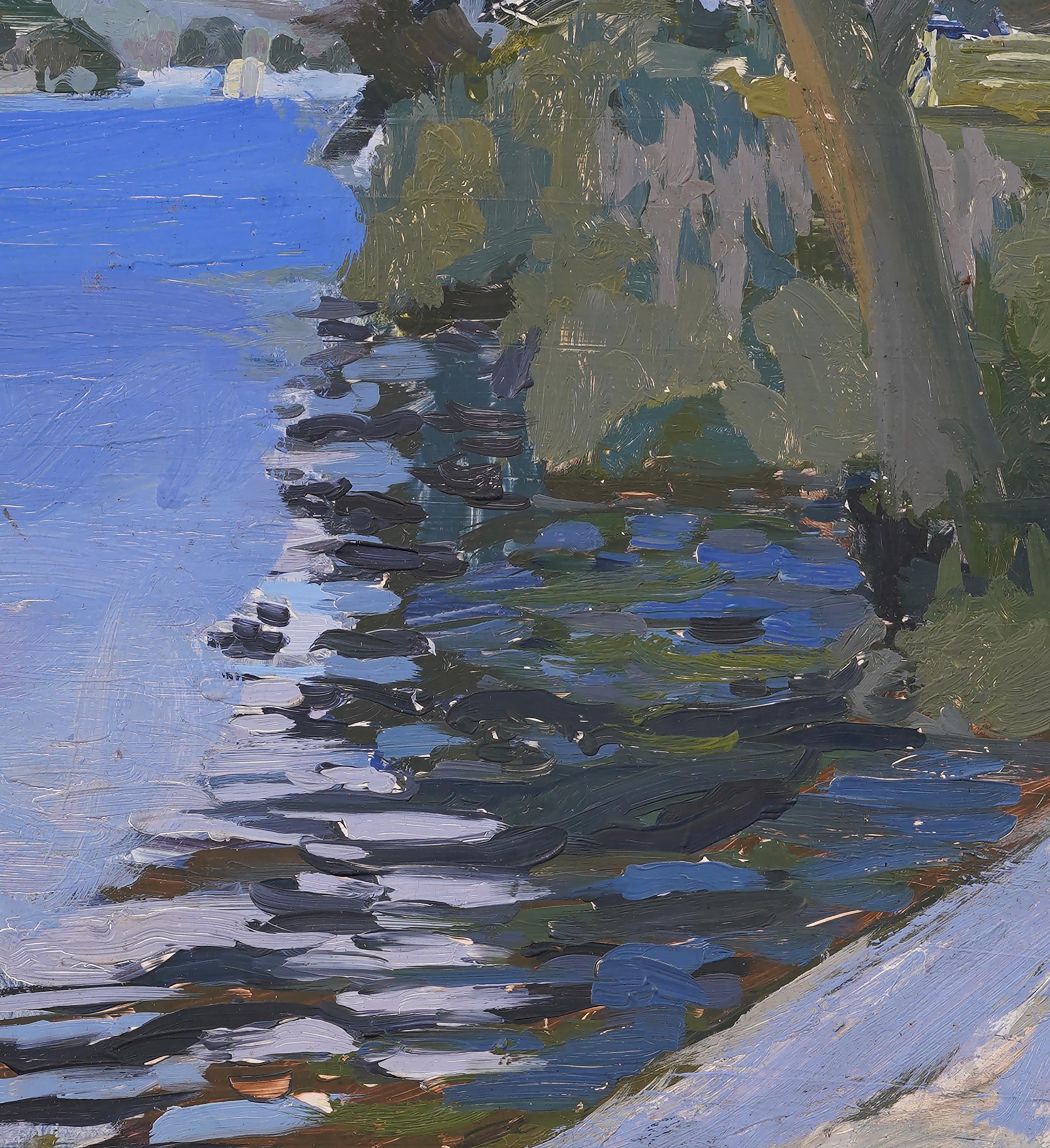 Pittura ad olio con cornice Modernista Americano New England Coastal Lake Landscape in vendita 1