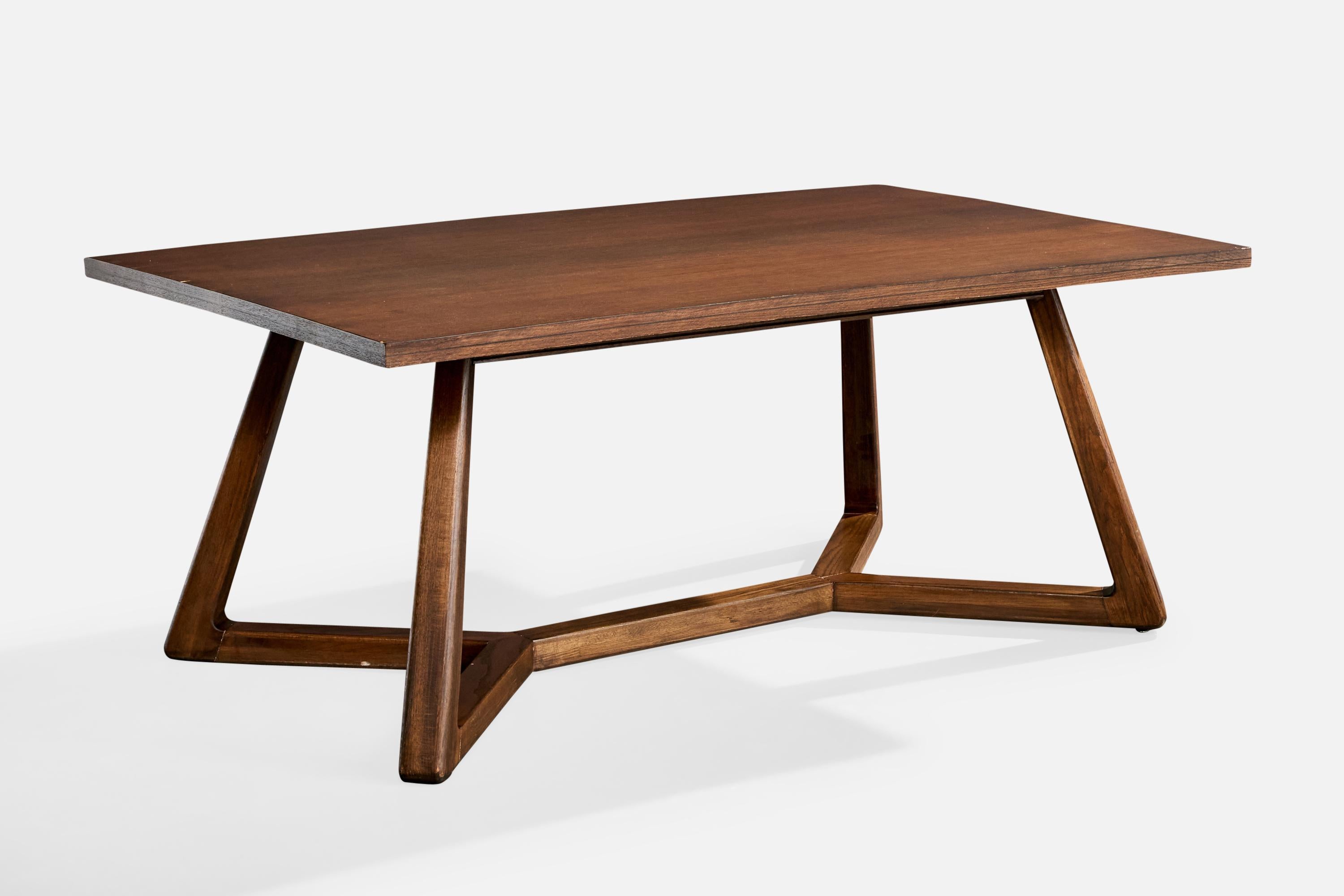 A dark-stained oak and walnut veneer dining table designed by Harold Schwartz and produced by Romweber, USA, c. 1950s.

Wear consistent with age and use. Small chip present as illustrated. Complimentary touch-up available upon request.

Overall