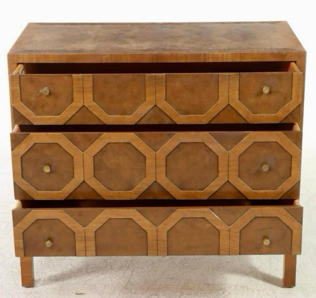American Harold Schwartz for Romweber Acacia and Walnut Wood Three Drawer Commode For Sale
