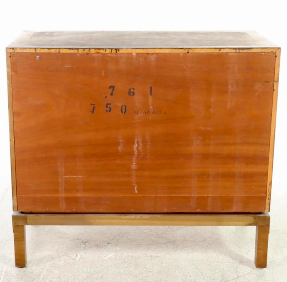 Brass Harold Schwartz for Romweber Acacia and Walnut Wood Three Drawer Commode For Sale