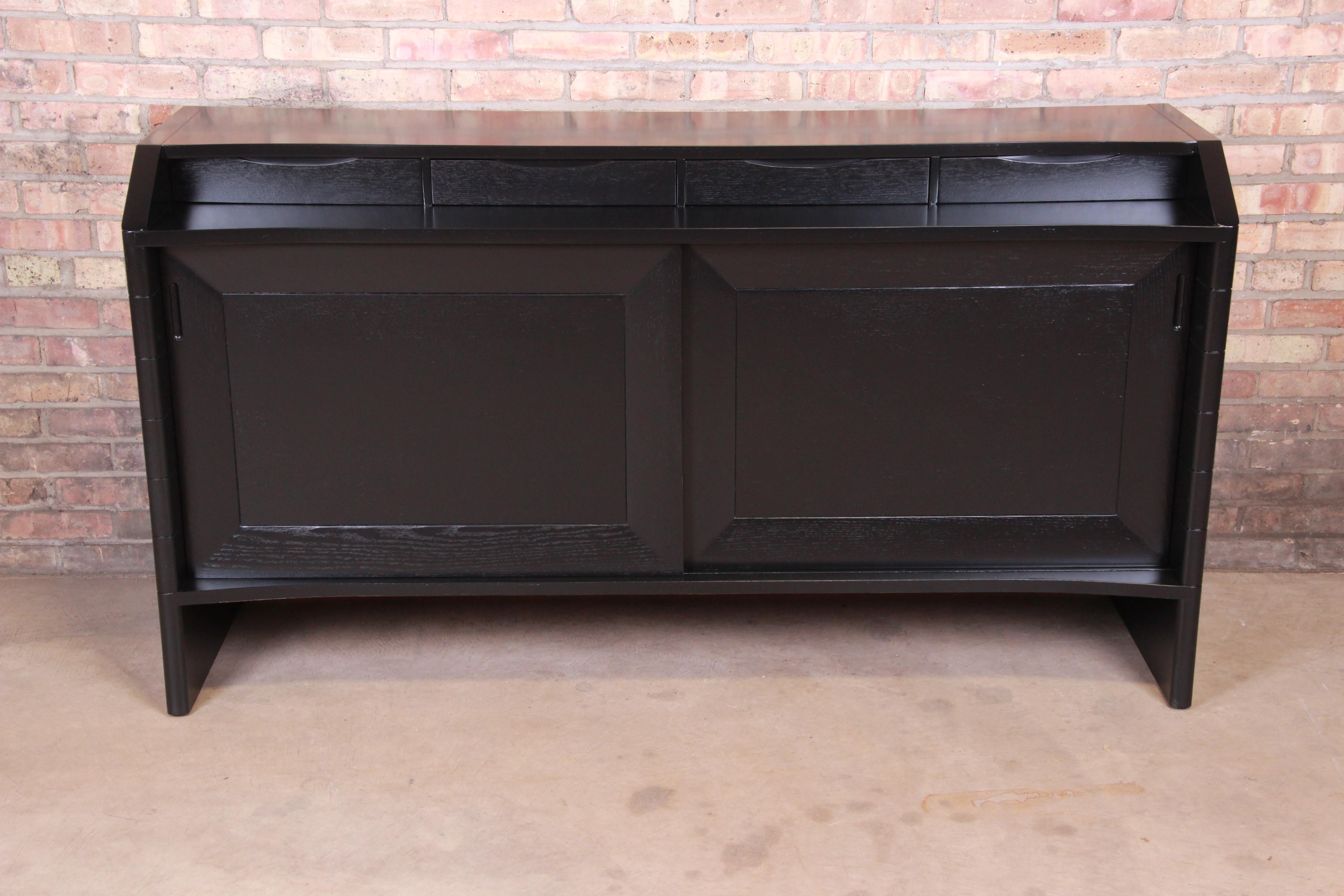 Mid-Century Modern Harold Schwartz for Romweber Ebonized Bar Cabinet, Newly Refinished For Sale