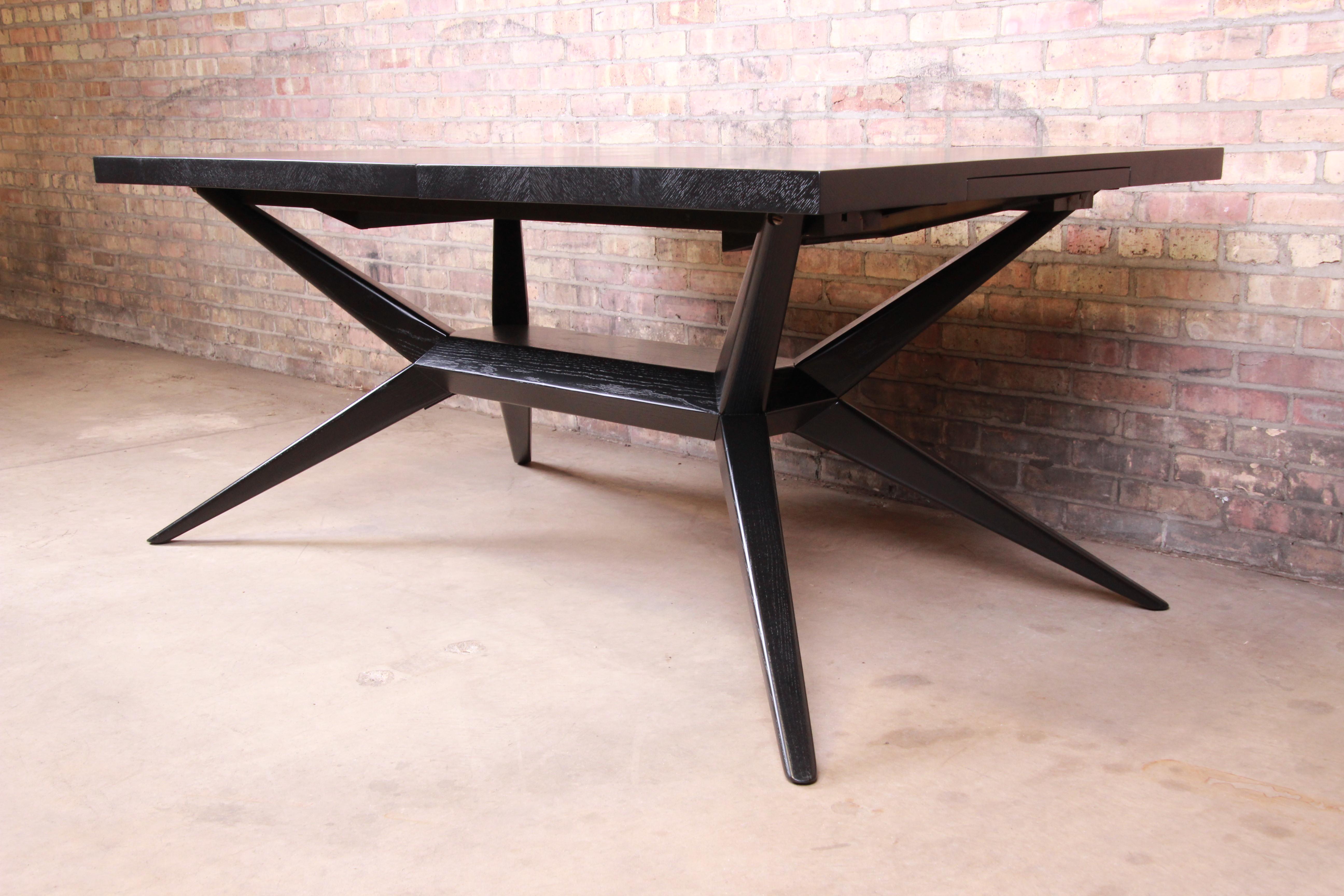 Mid-Century Modern Harold Schwartz for Romweber Ebonized Spider Leg Dining Table, Newly Refinished