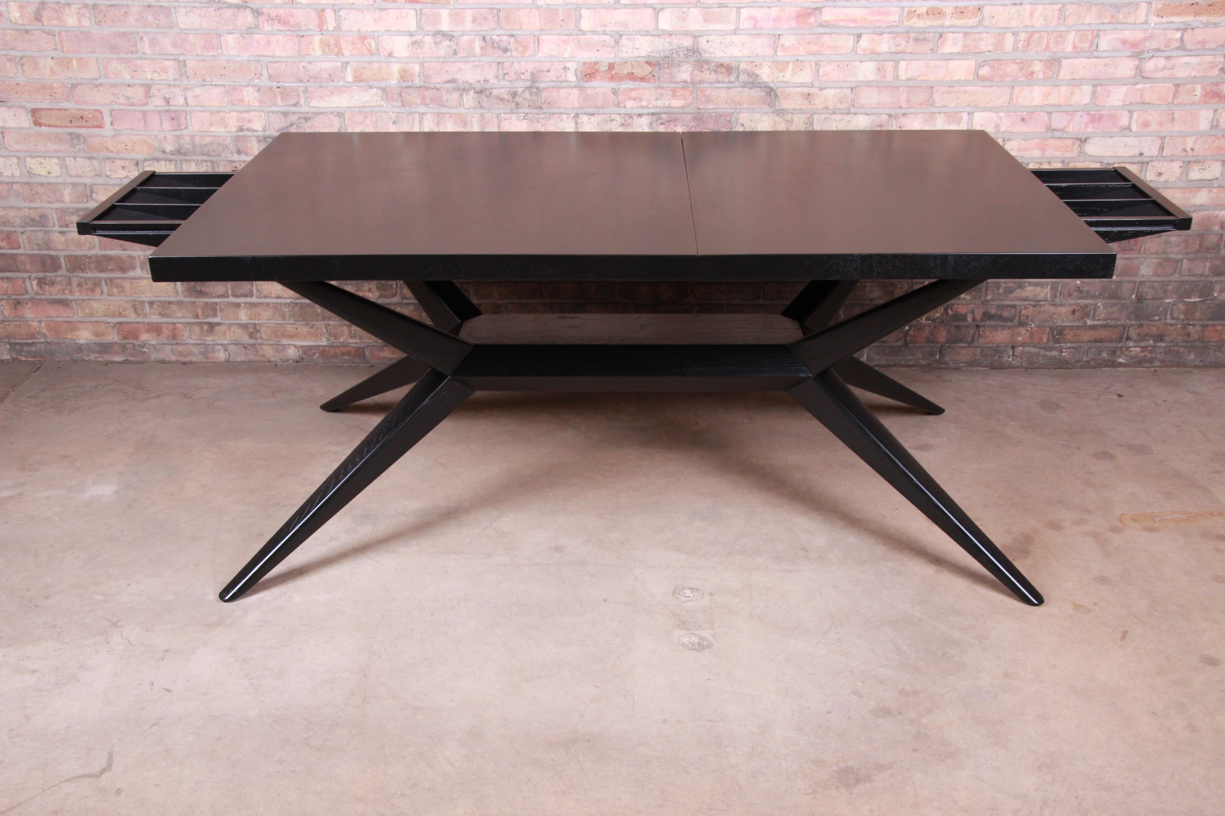 American Harold Schwartz for Romweber Ebonized Spider Leg Dining Table, Newly Refinished